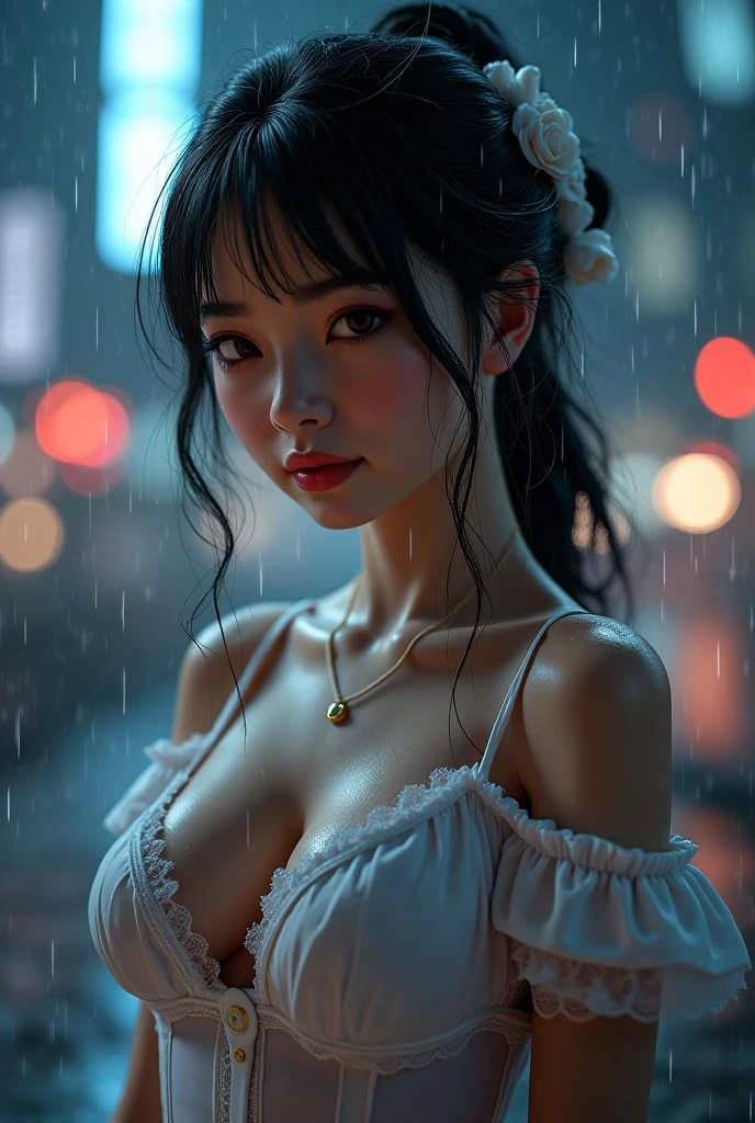 Girl gets wet in the rain and without underwear