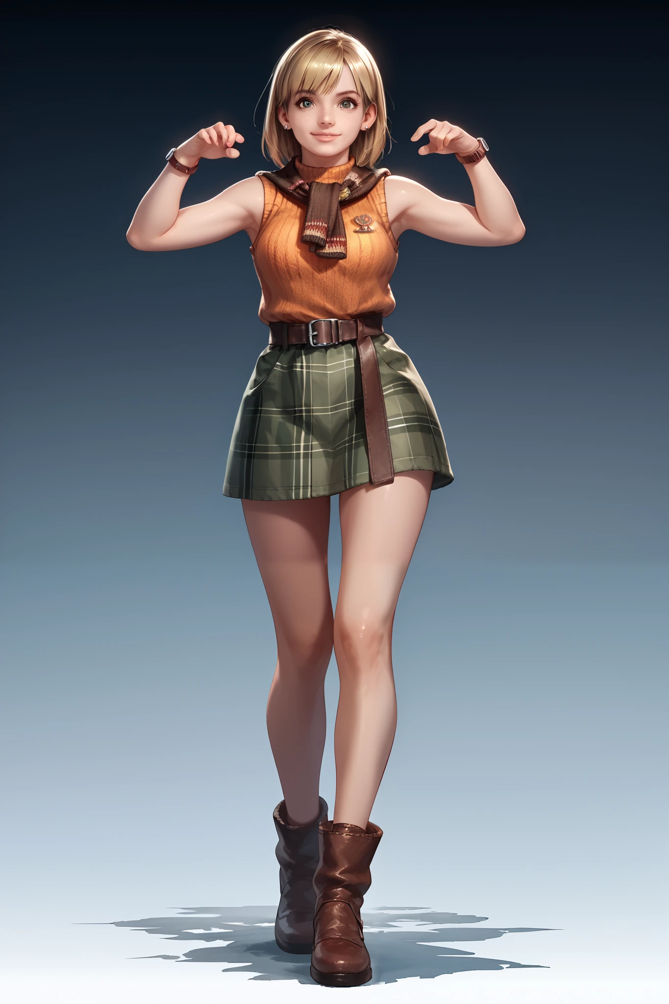 Anime concept art, dark fantasy, Ashley graham, Ashley Graham from resident evil 4, cute, Ashley's sexy outfit, thin waist, medium breasts, sleeveless, cute pose, full body view, fullbody overview, resident evil 4 concept art