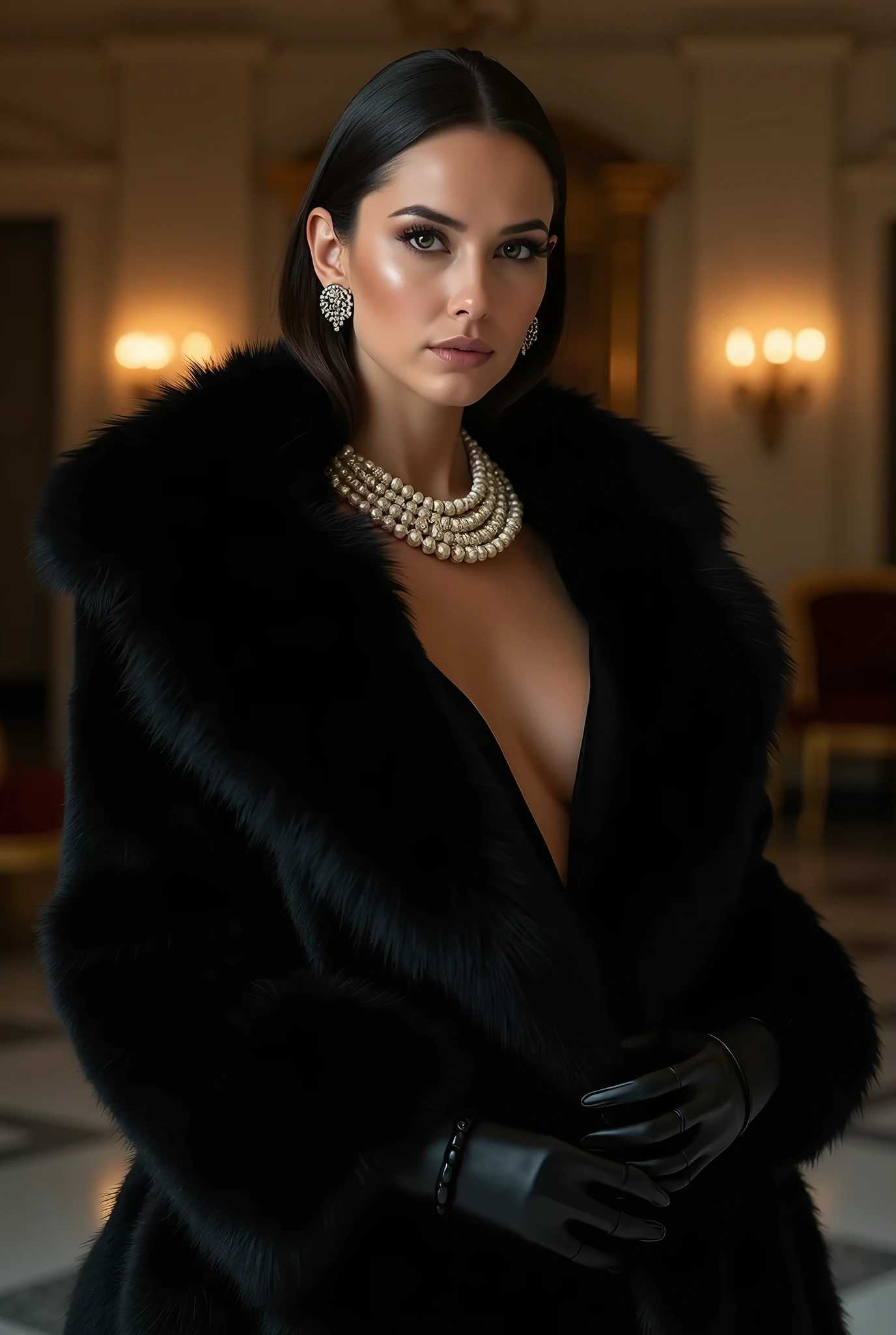 Hyperrealistic portrait of young sexy and elegant femme fatale woman with black glittery cascade hair, 45 ans, dressed in a very voluminous femme fatale coat and thick fur stole around bare shoulders and crystalline black evening formal dress underneath of it and wearing a long black elbow gloves, Realistic photo, dynamic lighting, affiche, volumetric lighting, highly detailed faces, 4k, prime,, 1fille, , discret,Tir de cow-boy ,cheveux longs,Cheveux noirs, very big breasts, festival de Cannes,