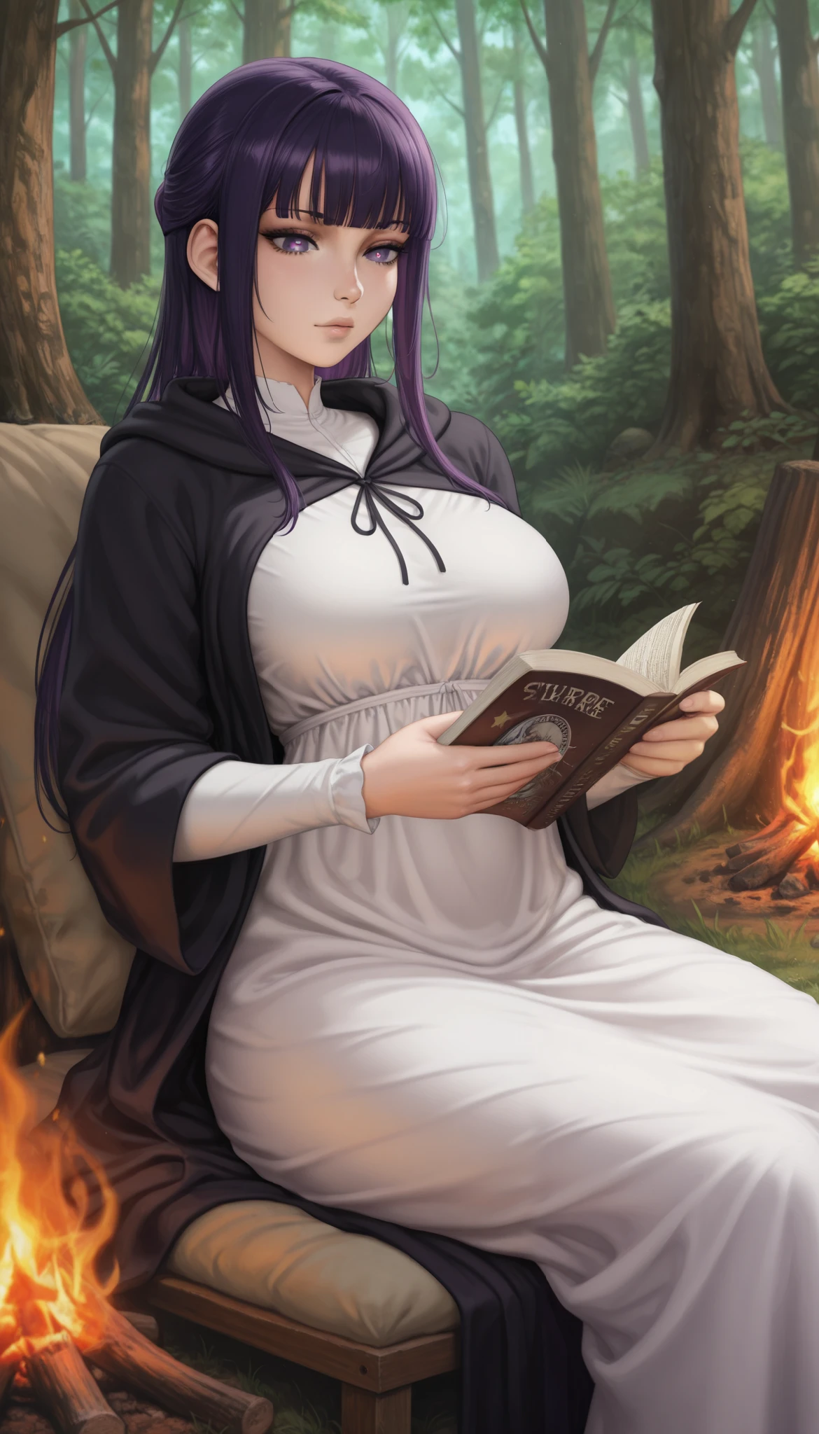 Sciamano240 style, high definition , masterpiece, anatomically correct, best quality, Very detailed, Ultra High Definition. Ffern, long hair, bangs, purple eyes, purple hair, sidelocks, blunt bangs, bright pupils, half updo,
long sleeves, dress, white dress, long dress, robe, black robe, large breasts, slim body, forest, campfire, reading book,