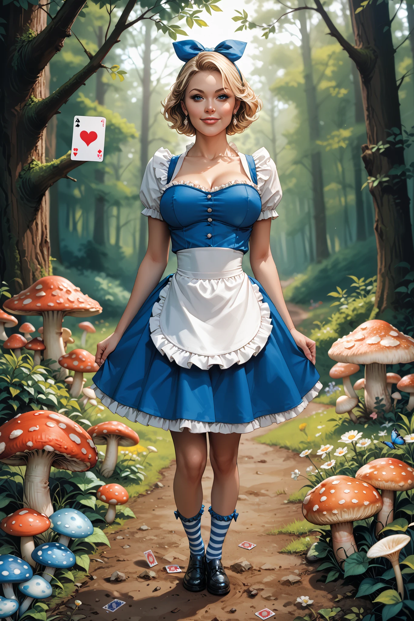 A movie poster, with a blue-eyed blonde milf , wearing a blue mini dress with a white apron, striped socks, black shoes and a blue bow in her hair, No fundo, a forest with giant mushrooms and flowers of various species and colors, and playing cards falling from above, supermodel body,Masterpiece, Best Quality, Award Winning, Looking at viewer,