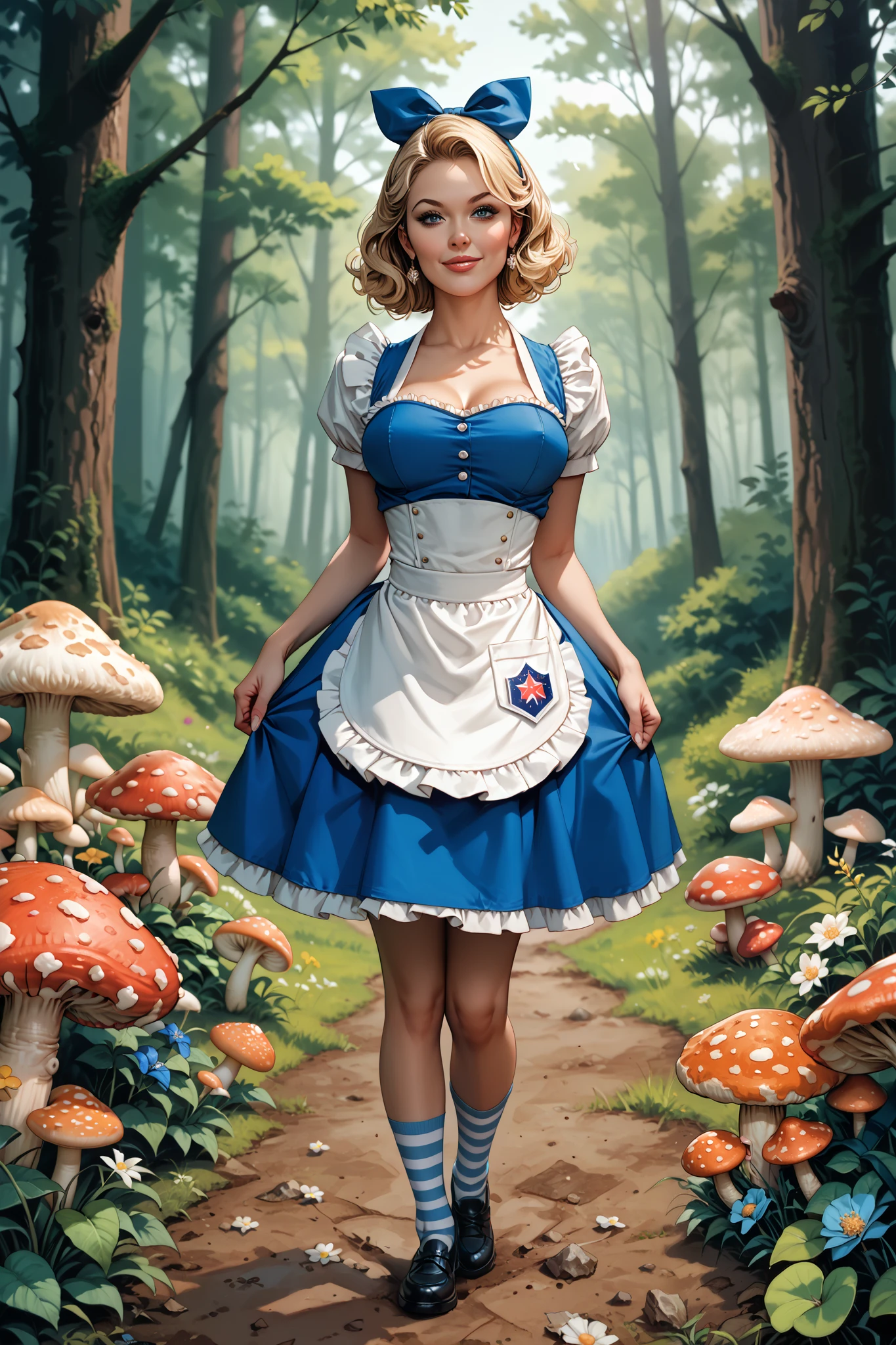 A movie poster, with a blue-eyed blonde milf , wearing a blue mini dress with a white apron, striped socks, black shoes and a blue bow in her hair, No fundo, a forest with giant mushrooms and flowers of various species and colors, and playing cards falling from above, supermodel body,Masterpiece, Best Quality, Award Winning, Looking at viewer,