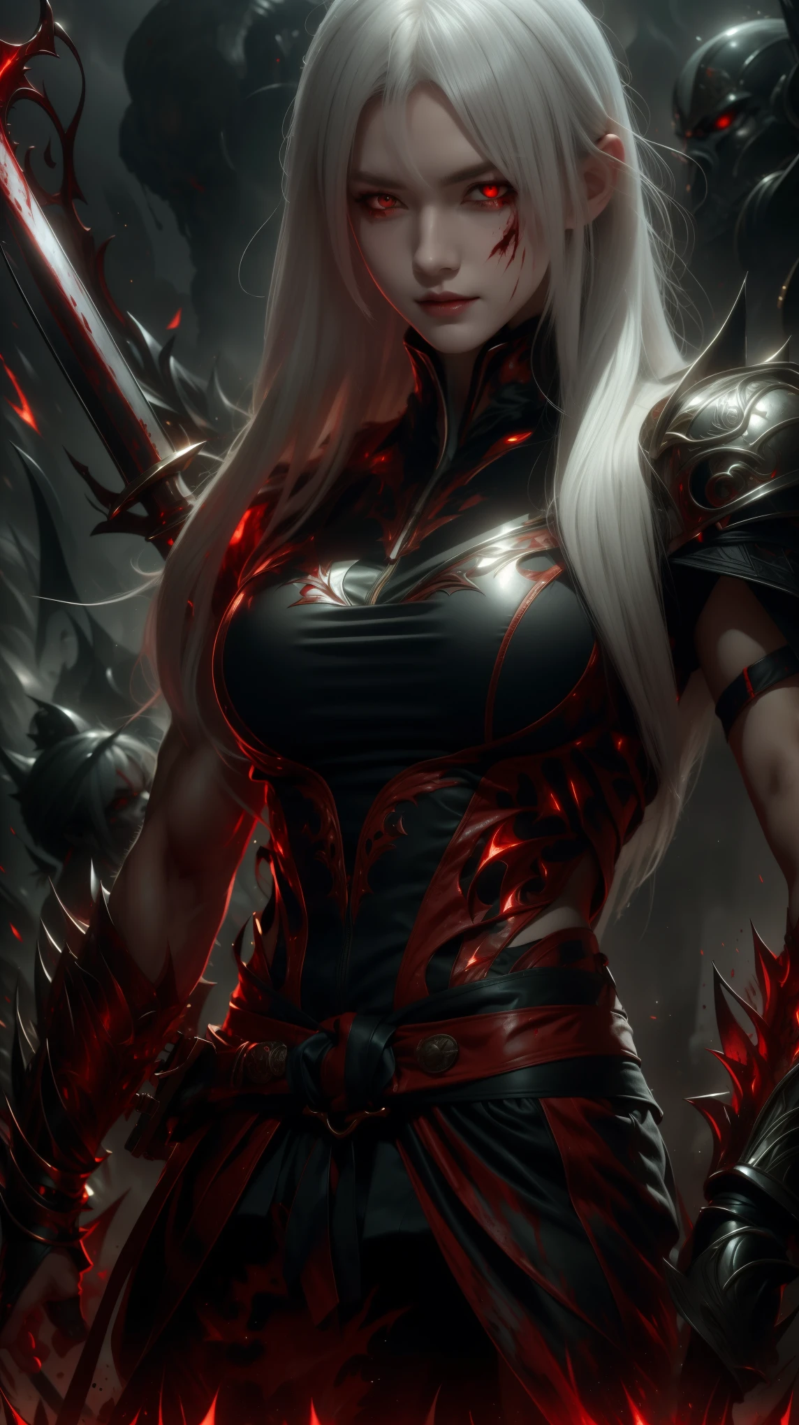 White-haired woman, terrifying appearance, with a katana and a shield, red eyes, on a battlefield covered in blood, wearing Spartan clothes, with a scar on her left eye