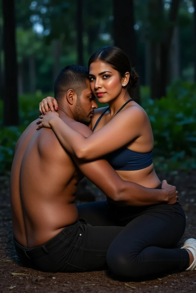 ultrarealistic hires full body bikini photo of a 30-year-old sai pallavi woman, 50 years old man hugging her from back outdoors,both seeing the camera