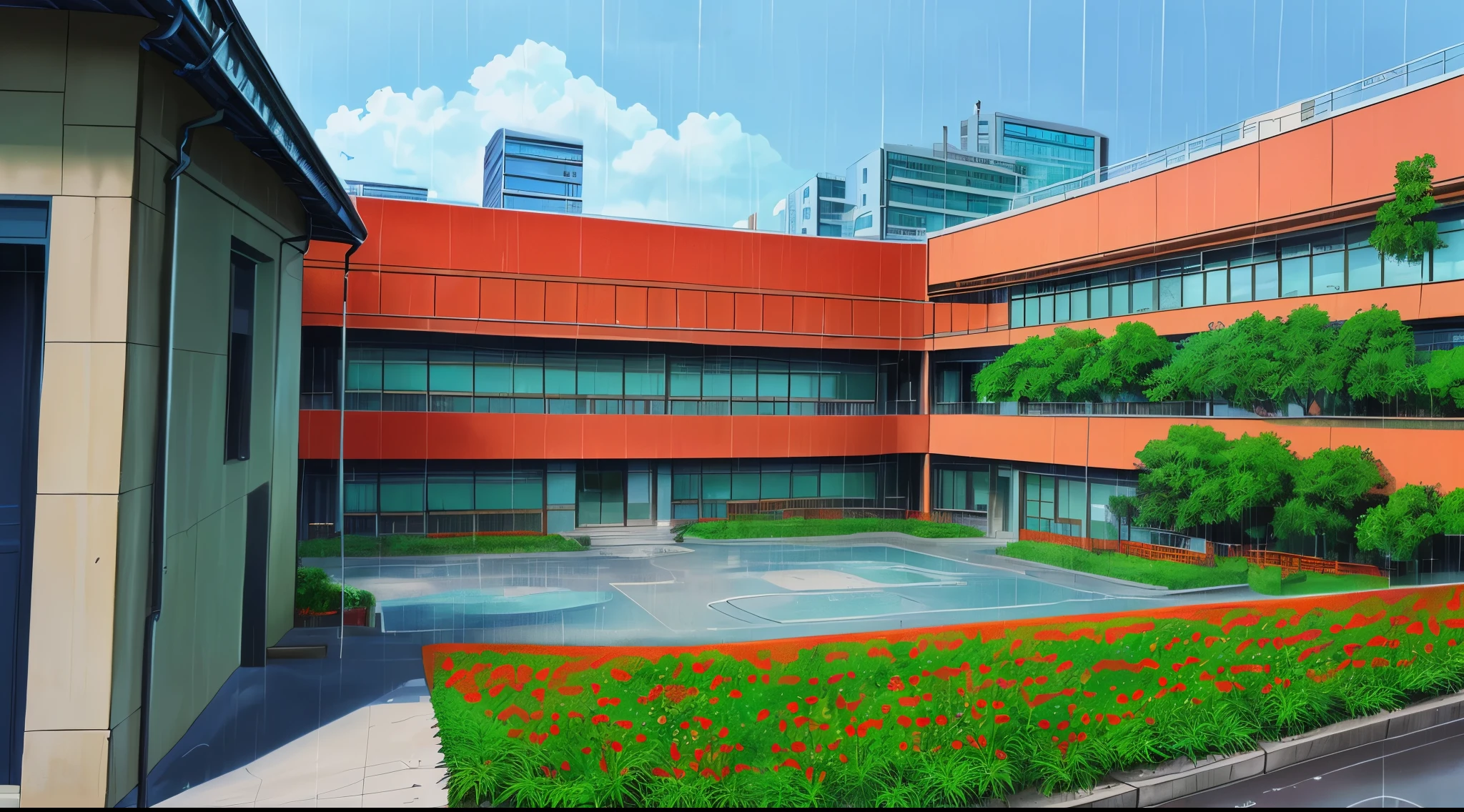 (Rainy sky) (Raindrops Falling) (Afternoon) (Grey Sky)
(80’s Anime) (Classic) (Vintage) (Retro)

1980’s Tokyo High School is a huge broad campus of several buildings build in a contemperary architecture.

There is a field of Higanbana (Red Spider Lily) flowers. 

(View from the Stairwell)