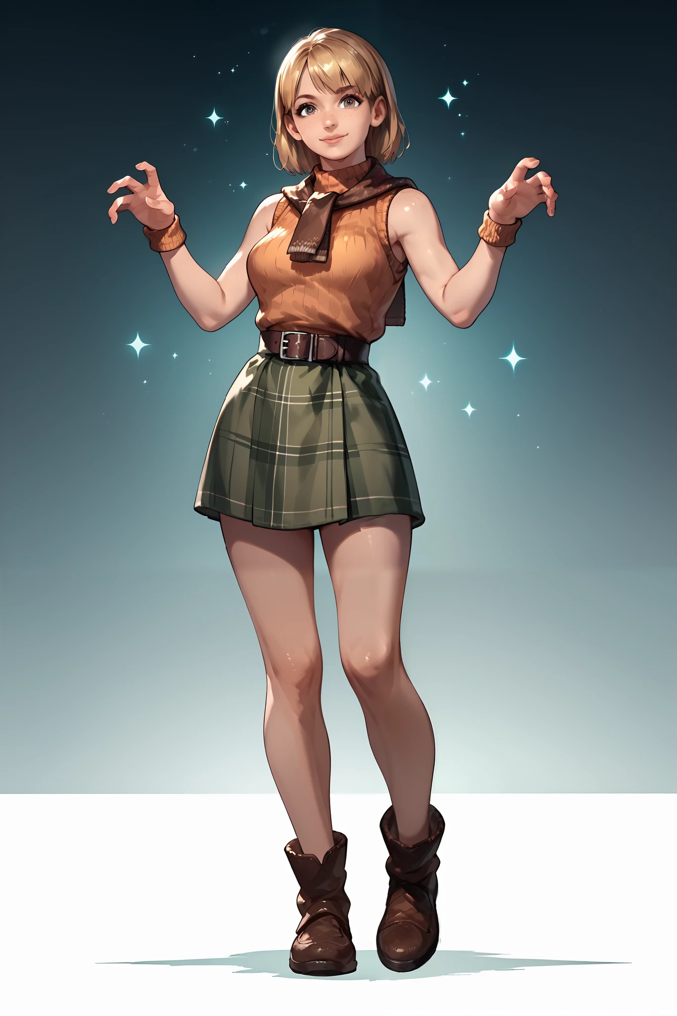 Anime concept art, dark fantasy, Ashley graham, Ashley Graham from resident evil 4, cute, Ashley's sexy outfit, thin waist, medium breasts, sleeveless, cute pose, full body view, fullbody overview, resident evil 4 concept art