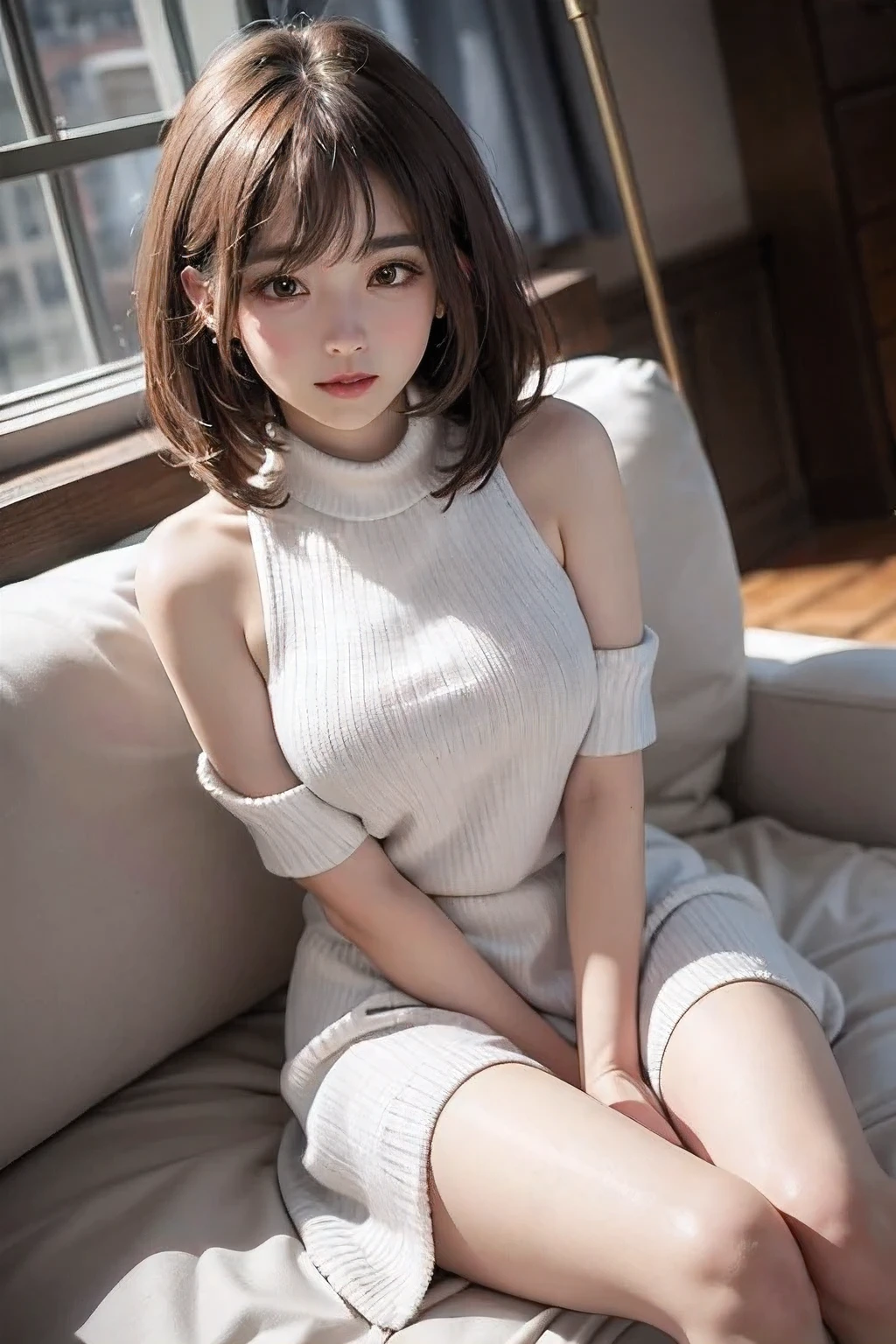 ( masterpiece, precise, Anatomically_correct, Texture_skin, excellent_detail, the best_quality, 1080P, HD, 4K, 8K, 16K), (beautiful_detailed_Eyes, beautiful_detailed_Lips, extremely_detailed_Eyes_and_Face), Soft_light, Physically based_Rendering, vivid_color, (Large target_breast:1.5), (short hair_thin braids_Bun hairstyle),  (shining_hair, shining_skin, Face红), (Bangs:1.5), Eye_reflection, (Bokeh), 微lol_and_lol, (sleeveless_long sweater_knitting:1.5) ,stockings,(sit on the chair,Spread your legs:1.3),Look at the vagina