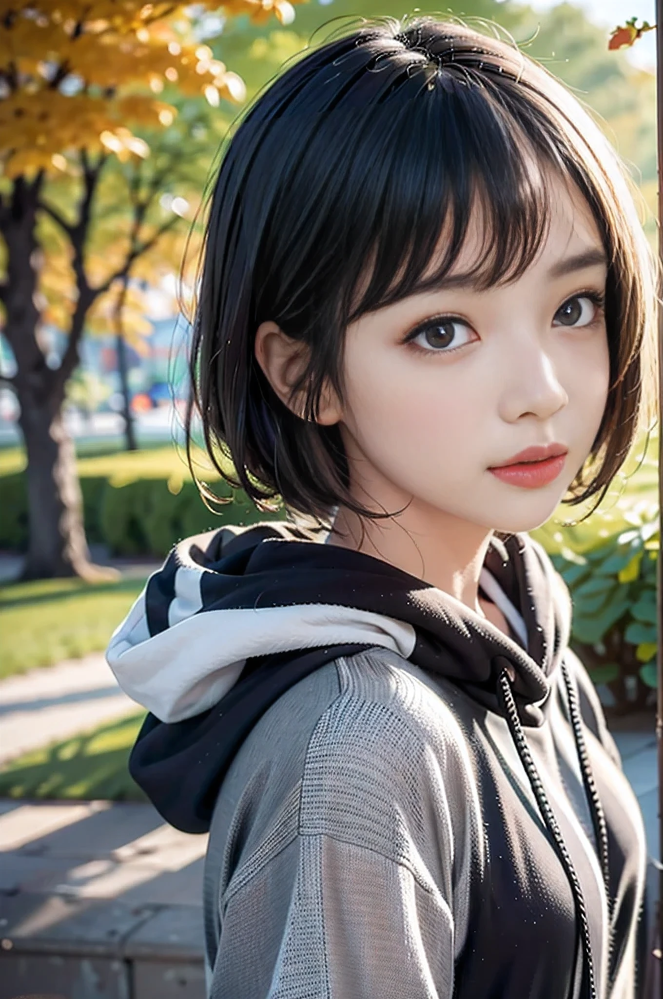 masterpiece:1.2,  High Quality , 最 High Quality ,  high resolution,  Surreal, With a girl,  short bob from a general trading company， hair is disheveled , Light grey eyes,Infinitely Clear Eyes ，  ， High Neck Inner ，  hoodie， standing， head tilt, sunset, Outdoors， autumn park，Blurred Background,  portrait , Natural Look , (detailed face), ((Clear focus)), ((face)),  upper body_body