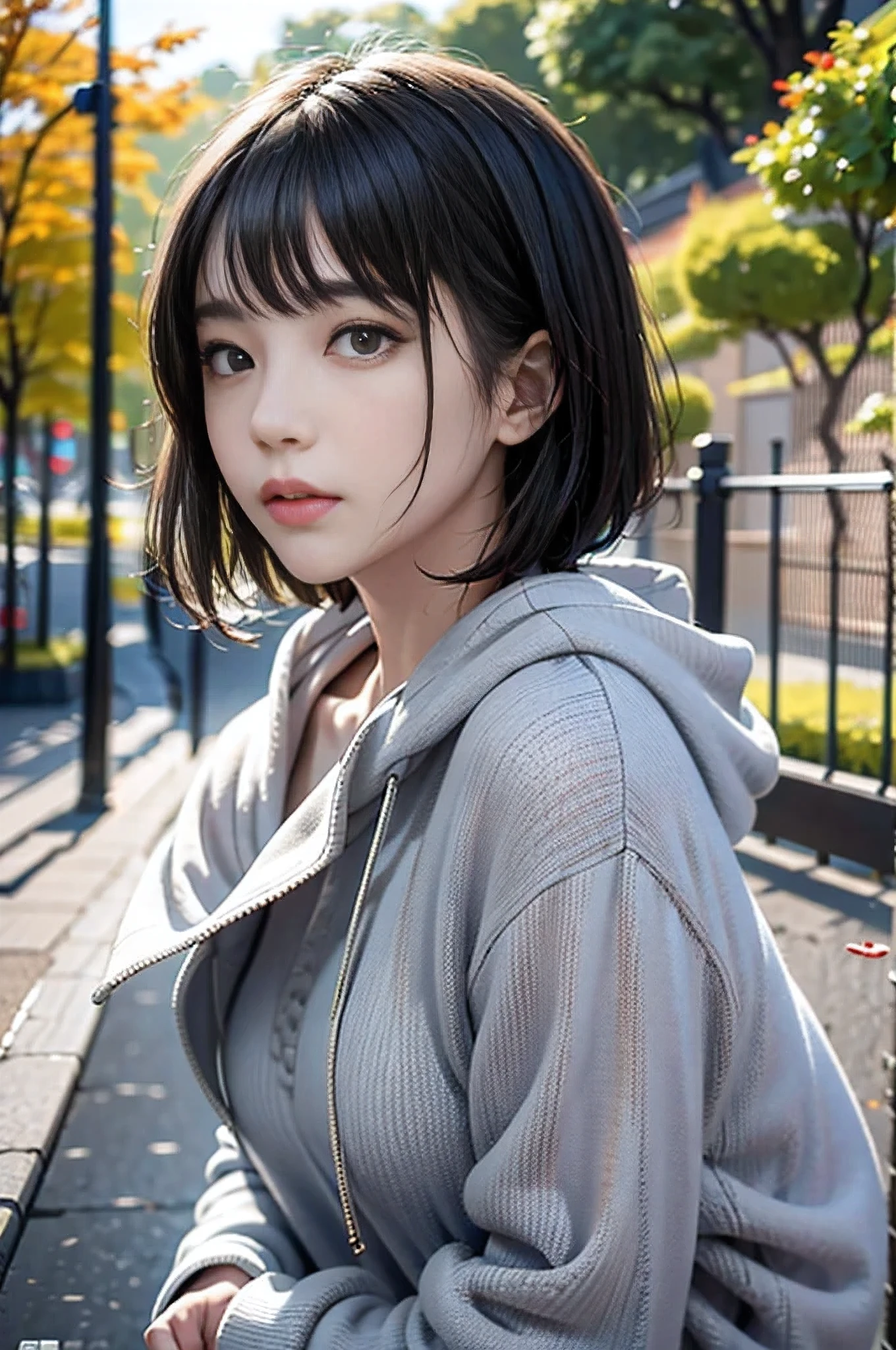 masterpiece:1.2,  High Quality , 最 High Quality ,  high resolution,  Surreal, With a girl,  short bob from a general trading company， hair is disheveled , Light grey eyes,Infinitely Clear Eyes ，  ， High Neck Inner ，  hoodie， standing， head tilt, sunset, Outdoors， autumn park，Blurred Background,  portrait , Natural Look , (detailed face), ((Clear focus)), ((face)),  upper body_body