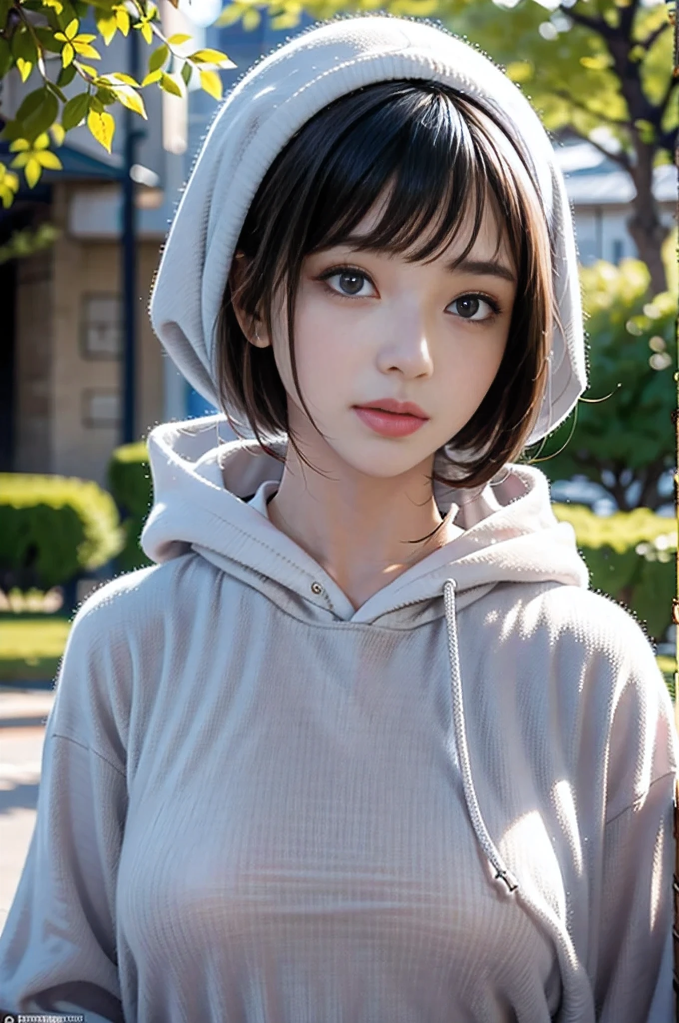 masterpiece:1.2, High Quality , 最 High Quality , high resolution, Surreal, With a girl, short bob from a general trading company, hair is disheveled , Light grey eyes,Infinitely Clear Eyes , , High Neck Inner , hoodie, standing, head tilt, sunset, Outdoors, autumn park,Blurred Background, portrait , Natural Look , (detailed face), ((Clear focus)), ((face)), upper body_body
