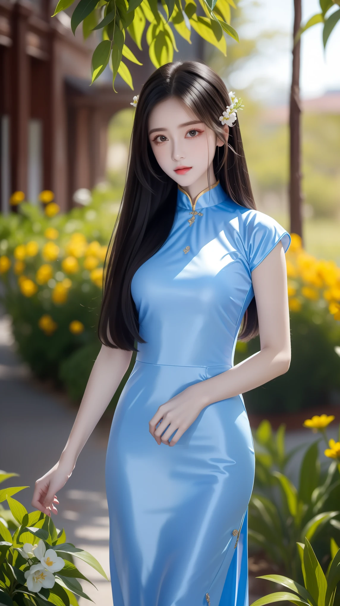 16k masterpiece, highest resolution, every detail, meticulousness, depth of field, bright colors, beautiful composition: a teenage girl with black hair and innocent eyes depicted in detail, standing on a spring flower scene on Vietnamese New Year's Day. Sexy ao dai silk dress.