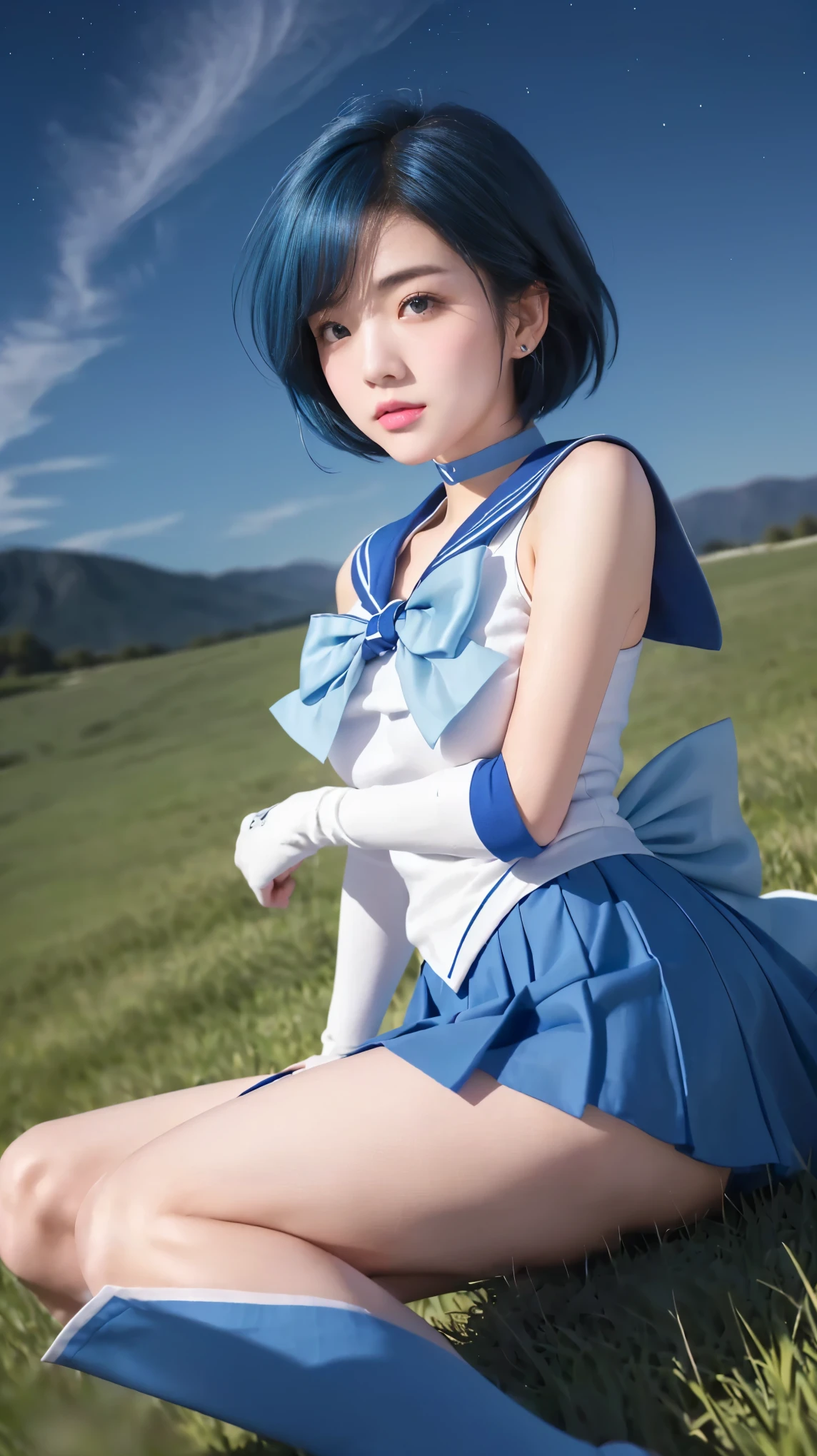 A highly detailed and realistic depiction of a Japanese girl with classic blue hair styled in a super short cut. She is wearing a classic blue mini skirt, a sailor-style collar in matching blue, and a large light blue bow tie at her chest. Her features include large, bright blue eyes, thin glossy pink lips, and noticeable dimples. She has a slightly athletic yet feminine build with a prominent chest. The setting is an outdoor grassy field under a starry sky, and her expression is calm yet engaging, with the atmosphere blending a sense of serenity and mystery.