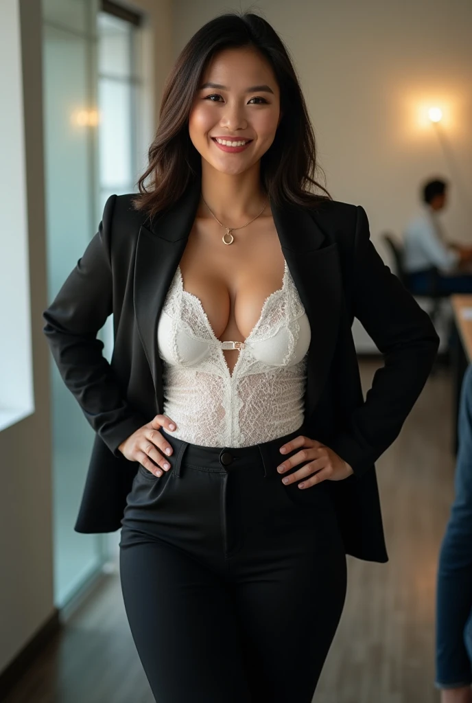 1 mulher adulta, cabelo comprido, cabelo cacheado, cabelo cor preto, pele suave, olhos castanhos, sorrir, vegetation, Occasional, Businesswoman style clothes, blaser vermelho, realista, com fundo em um restaurante chique, 8k super realista, super detalhado e realista, mulher de negocios, mulher empresaria, mulher bonita, cabelos longo, cabelos pretos, blaser preto e blusa branca, sentada no sofa sala de casa, mulher sorridente com longos cabelos pretos usando um colar de ouro e um colar, ela tem dentes brancos perfeitos, mulher com roupa social chique, mulher empresaria, mulher de blazer preto, mulher comportada