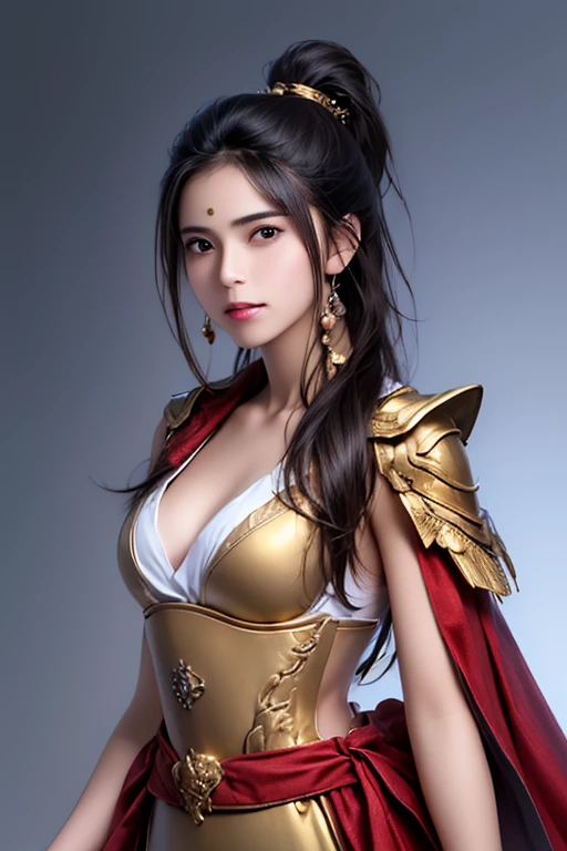 extremely beautiful young lady, subtle makeup, golden hour, photorealistic, high contrast, 8k HD, detailed, hyper-detailed, realistic skin texture, long dark hair, big breast, best quality, ultra high res, raw photo, dramatic lighting, unreal engine, diffuse glow intricate silver eaba, white imperial cape, spear, sword, no helm
