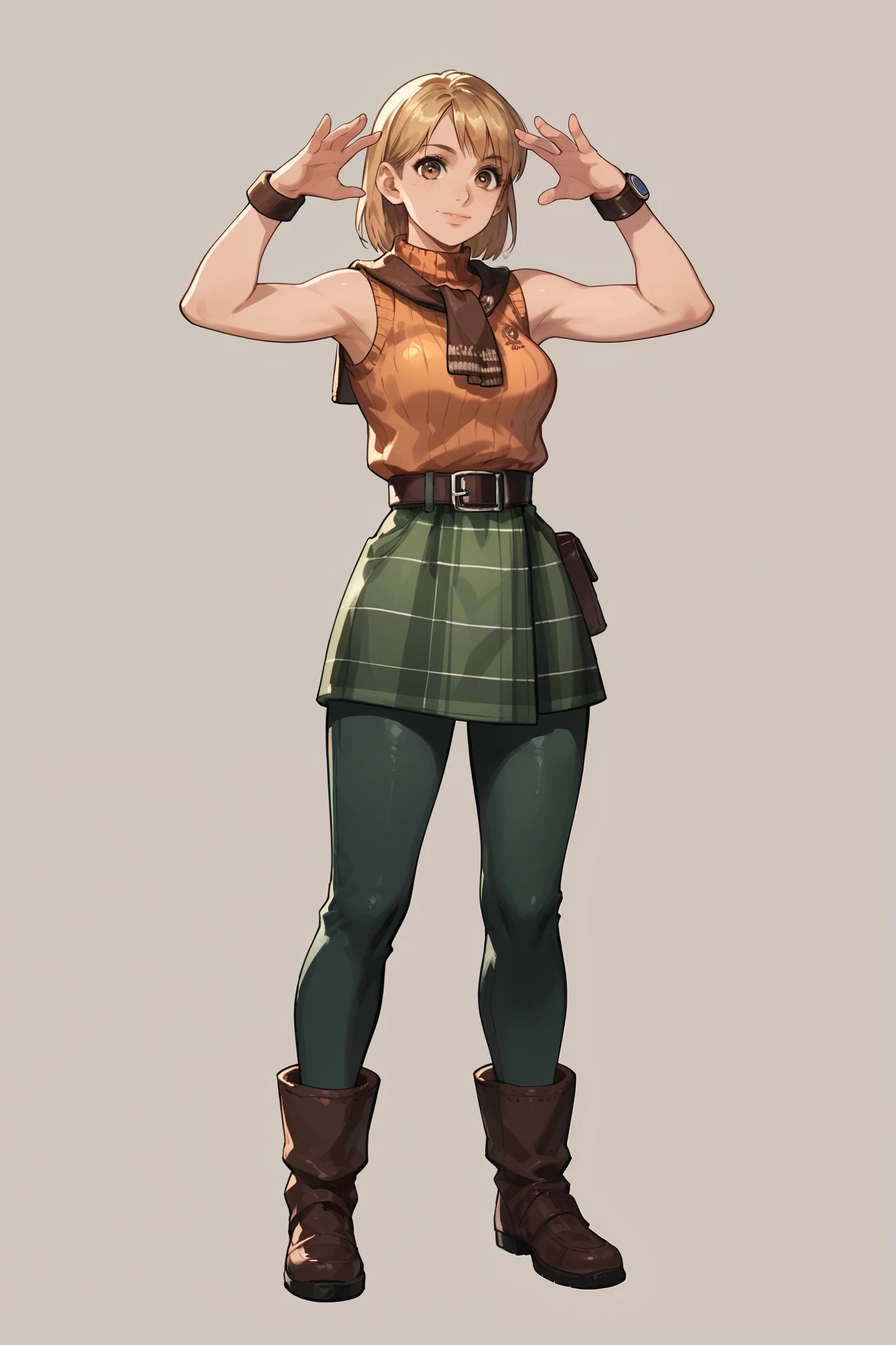 Anime concept art, dark fantasy, Ashley graham, Ashley Graham from resident evil 4, cute, Ashley's sexy outfit, thin waist, medium breasts, sleeveless, cute pose, full body view, fullbody overview, resident evil 4 concept art