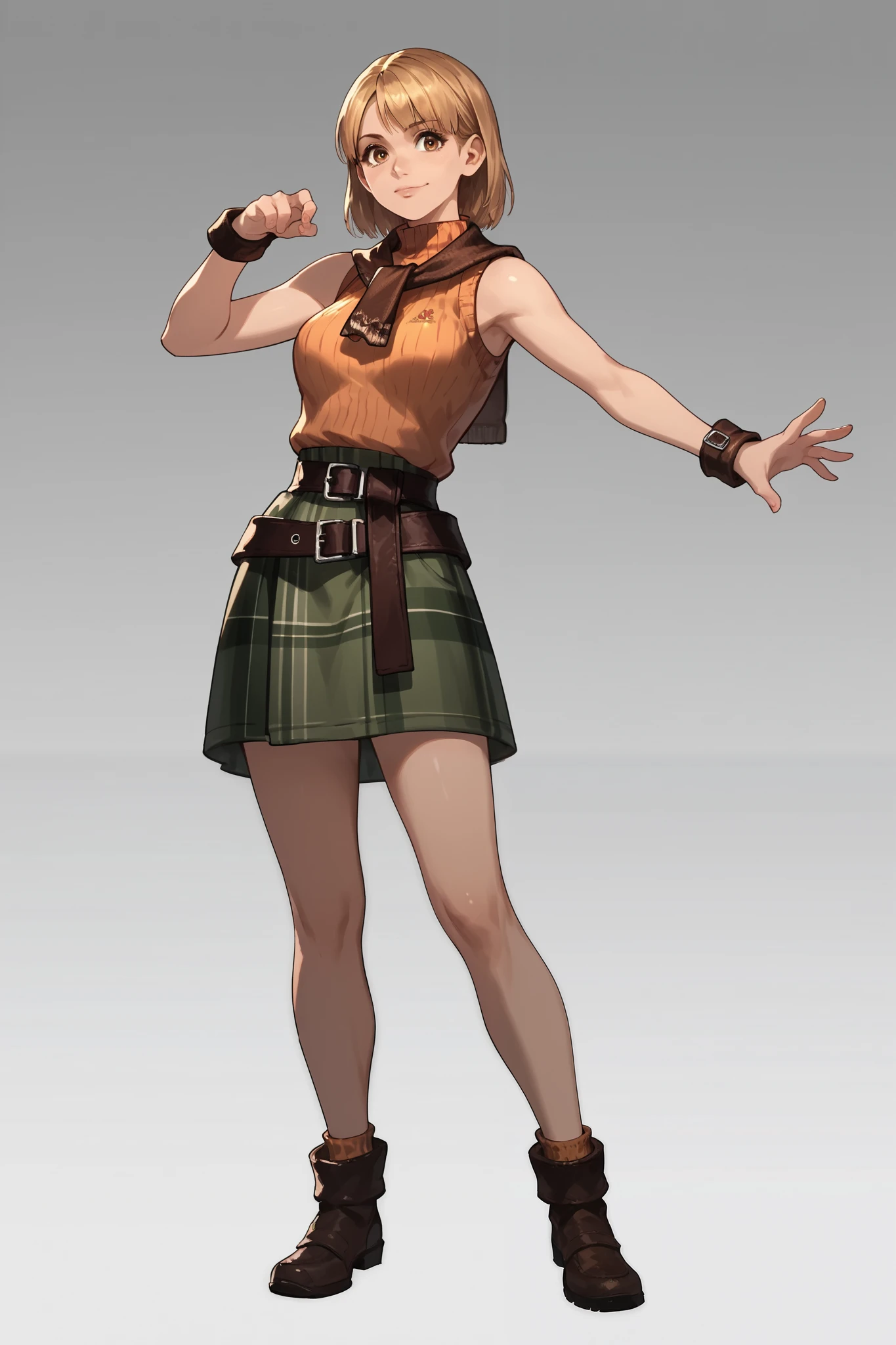 Anime concept art, dark fantasy, Ashley graham, Ashley Graham from resident evil 4, cute, Ashley's sexy outfit, thin waist, medium breasts, sleeveless, cute pose, full body view, fullbody overview, resident evil 4 concept art