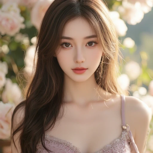 (NSFW), (full naked:1.2), masterpiece, realistic photography, analog style, Nikon d5, real photos, beautiful 20 years old woman photo, dramatic lighting (85mm), Against the backdrop of a blooming garden, (detailed facial features), (fine shiny eyes), dynamic angle, Michelangelo style, long wavy hair, smile:1.4,