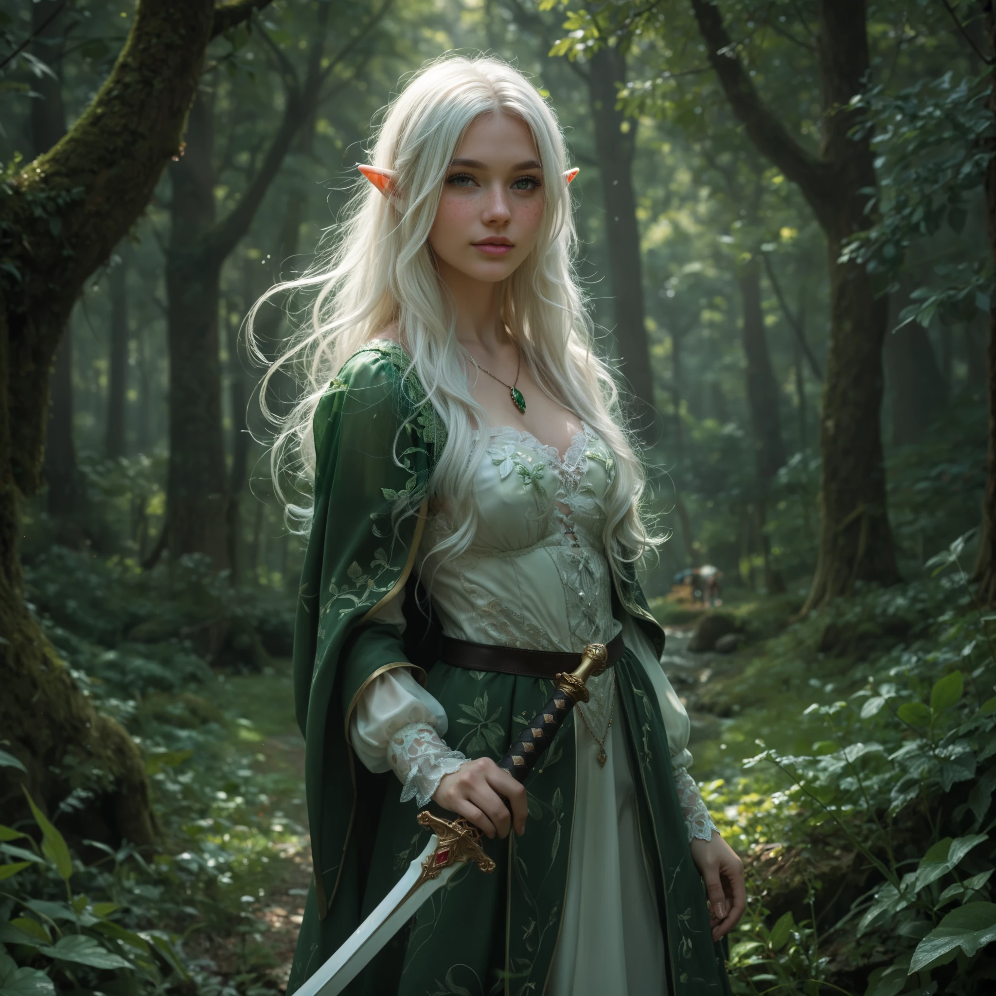 Beautiful girl with wavy long white hair tied in a messy knot. She is an irish elf with pale white skin and freckles on her cheek, wearing elven white silk dress with green overcoat, carrying a beautiful antique sword. Background green irish forest. Slight backlight, realistic