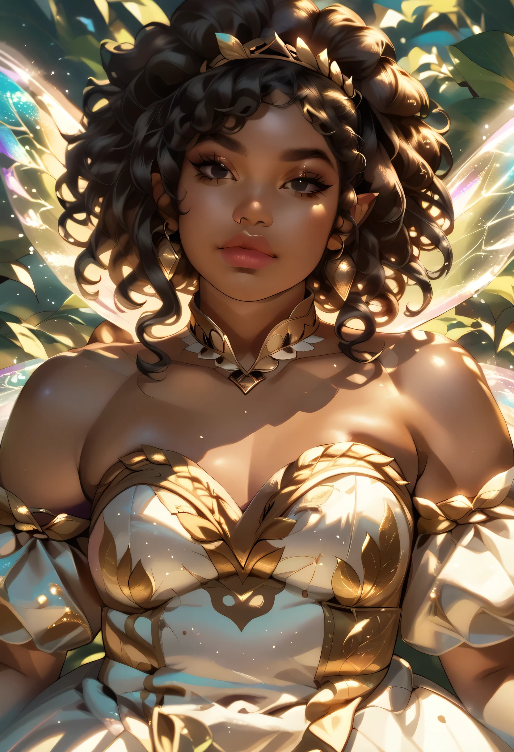 Anime illustration, semi-realistic, brown skin chubby woman with fairy wings, dark skin, dark brown skin, fae, fairy queen, ((plus size body)), ((chubby body)), overweight body, small chest, small , black eyes, black curly hair, black wavy hair, big lips, anime, sleek design, brown skin, sideswept hairstyle, round face, wearing detailed white fairy dress with gold accents, beautiful fairy outfit, big colorful fairy wings, magical forest in background, dynamic light, facing viewer, ,score_9, score_8_up, score_7_up, score_6_up,  1girl, black hair,