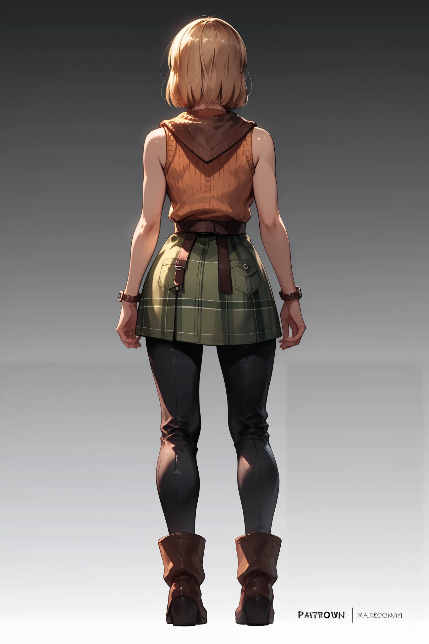 Anime concept art, dark fantasy, Ashley graham, Ashley Graham from resident evil 4, cute, Ashley's sexy outfit, thin waist, medium breasts, sleeveless, lovely pose, back view, full body view, fullbody overview, resident evil 4 concept art