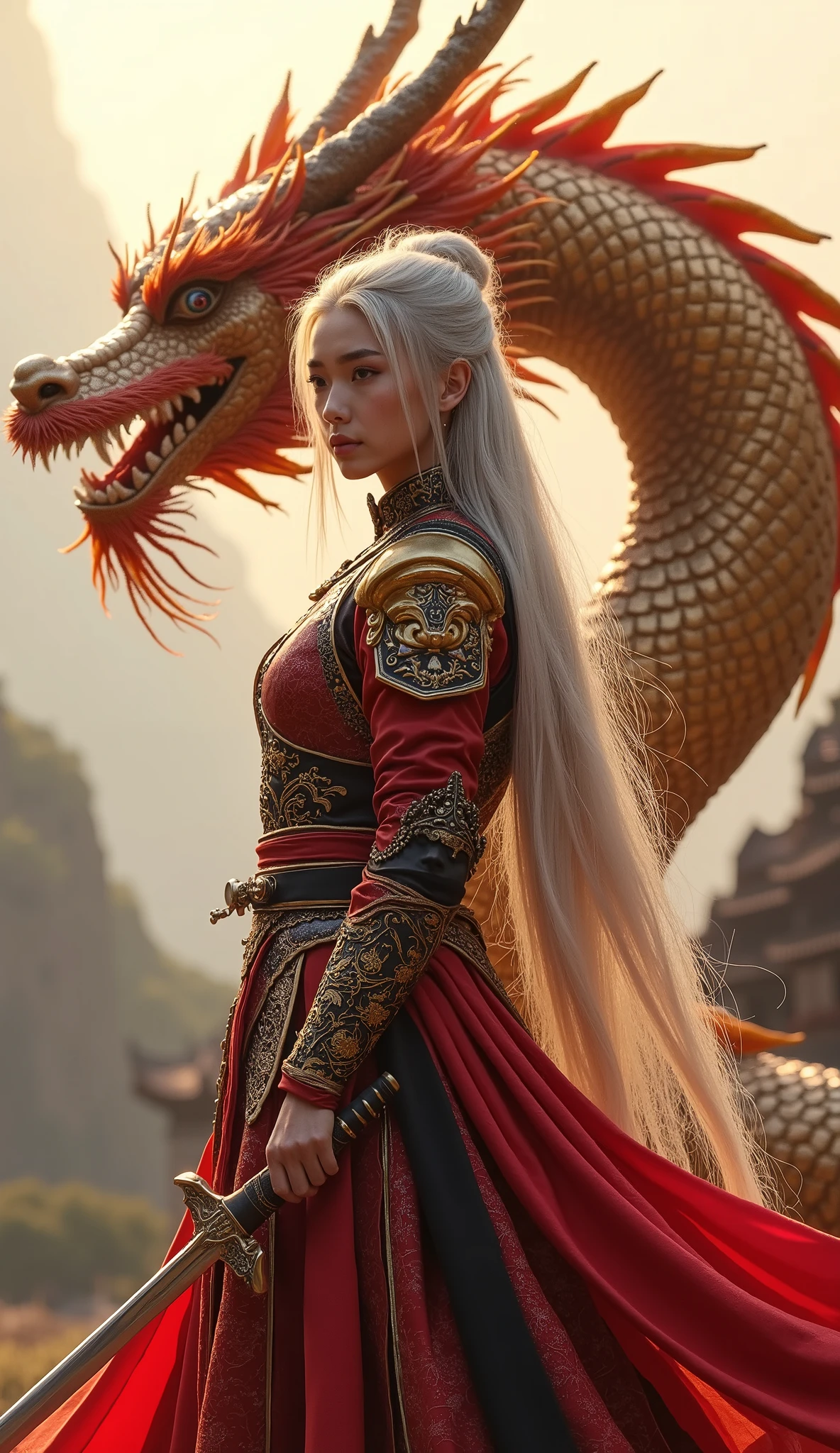 rhaenyra targaryen dressed as a japanese woman next to daemon targaryen riding a dragon