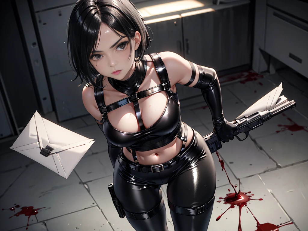((Best Quality)), ((Masterpiece)), (Details: 1.4 pieces), 3D, Beautiful Pure Beauty, (Black Crop Top: 1.9), (Head Difference: 1.6), (Kneeling, Guillotine: 1.6) (Splattered Blood) HDR (High Dynamic Range), Ray Tracing, NVIDIA RTX, Super Resolution, Unreal 5 Pieces, Subsurface Scattering, PBR Textures, Post Processing, Anisotropic Filtering, Depth of Field, Maximum Sharpness and Sharpness, Multi-layer Textures, Albedo and Highlight Maps, Surface shading, Mitsu-Accurate simulation of material interactions, perfect proportional ratio, octane rendering, two-color light, large aperture, low ISO, white balance, rule of thirds, 8K RAW,
