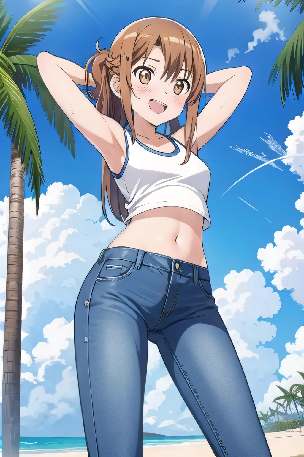 masterpiece,best quality,ultra detail, ((Perfect Face, Perfect Arms, Perfect hands, Perfect Fingers)), 1girl, , peti ((round face, ecstasy, orgasm face, drooping eyes, shame smiling, blush)), dropping eyes, sleepy, background((under the beach, (day:1.2), palm tree, bright sky)), asuna yuuki, long hair, brown hair, (brown eyes:1.8), ((arms behind head, hands behind head, fingers behind head)), contrapposto, spread armpits, looking at viewer,, (white tank top:1.2), (white crop top:1.2), (jeans pants:1.2, flares jeans:1.2, skinny jeans:1.2, blue jeans:1.2), standing, (legs spread:1.2), sex pose, Sweaty crotch, Steam from the crotch, from below, full medium body