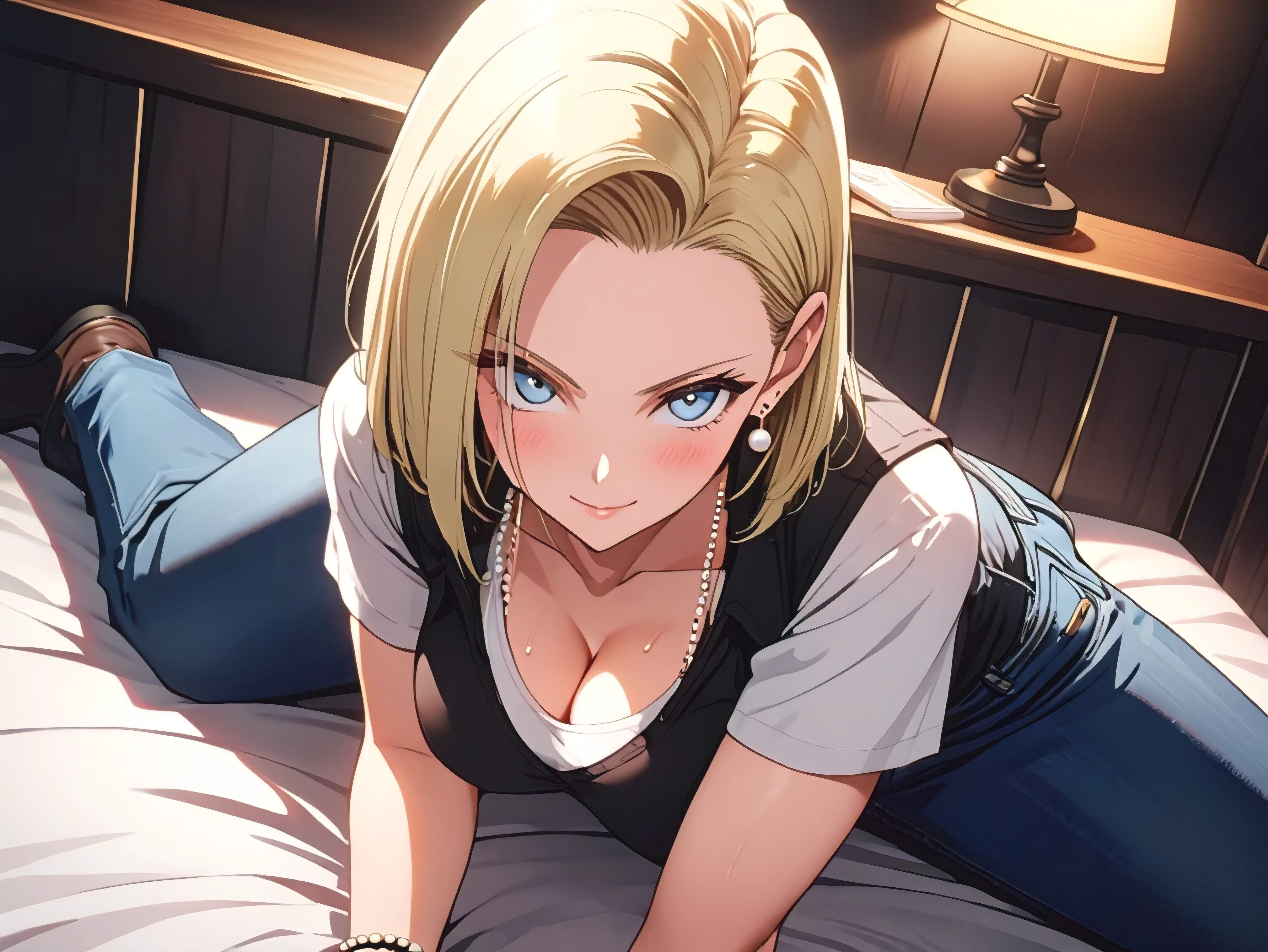 masterpiece, Best Quality, High resolution,16k,super detailed skin, (android 18),1990s \(style\),(E-cup beautiful breasts), (clevage:1.5),(tall:1.2),height: 170cm,Fashion model body type,Sweating all over the body,{{muscular}}、1 girl,(nsfw), blonde, blue eyes, (black vest,White T-shirt,jeans,:1.5),Pearl_necklace, bracelet,{{ Short slicked back hair}},Earrings,(Cool face)、light smile,(Pointed Eyes),Big eyes,blush,clevage,Anime-style painting style,,A composition that shows the full body,in the bedroom,cinematic lighting,superfine,,nsfw,pov, 1boy, (handjob:1.4), veiny penis,(cuddling handjob:1.3),