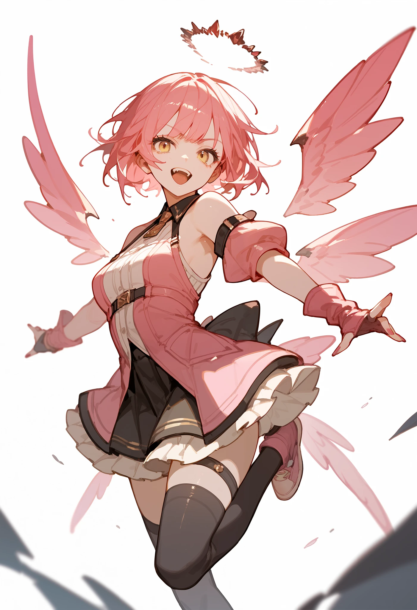 girl, yellow , pink wings , white background, dynamic pose
