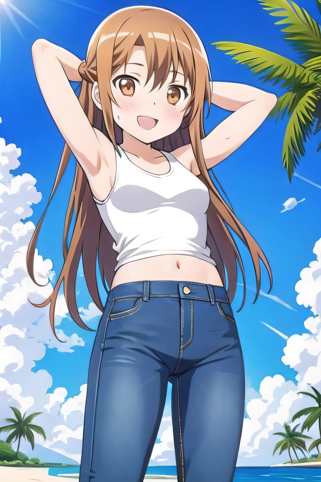 masterpiece,best quality,ultra detail, ((Perfect Face, Perfect Arms, Perfect hands, Perfect Fingers)), 1girl, , peti ((round face, ecstasy, orgasm face, drooping eyes, shame smiling, blush)), dropping eyes, sleepy, background((under the beach, (day:1.2), palm tree, bright sky)), asuna yuuki, long hair, brown hair, (brown eyes:1.8), ((arms behind head, hands behind head, fingers behind head)), contrapposto, spread armpits, looking at viewer,, (white tank top:1.2), (white crop top:1.2), (jeans pants:1.2, flares jeans:1.2, skinny jeans:1.2, blue jeans:1.2), standing, (legs spread:1.2), sex pose, Sweaty crotch, Steam from the crotch, from below, full medium body