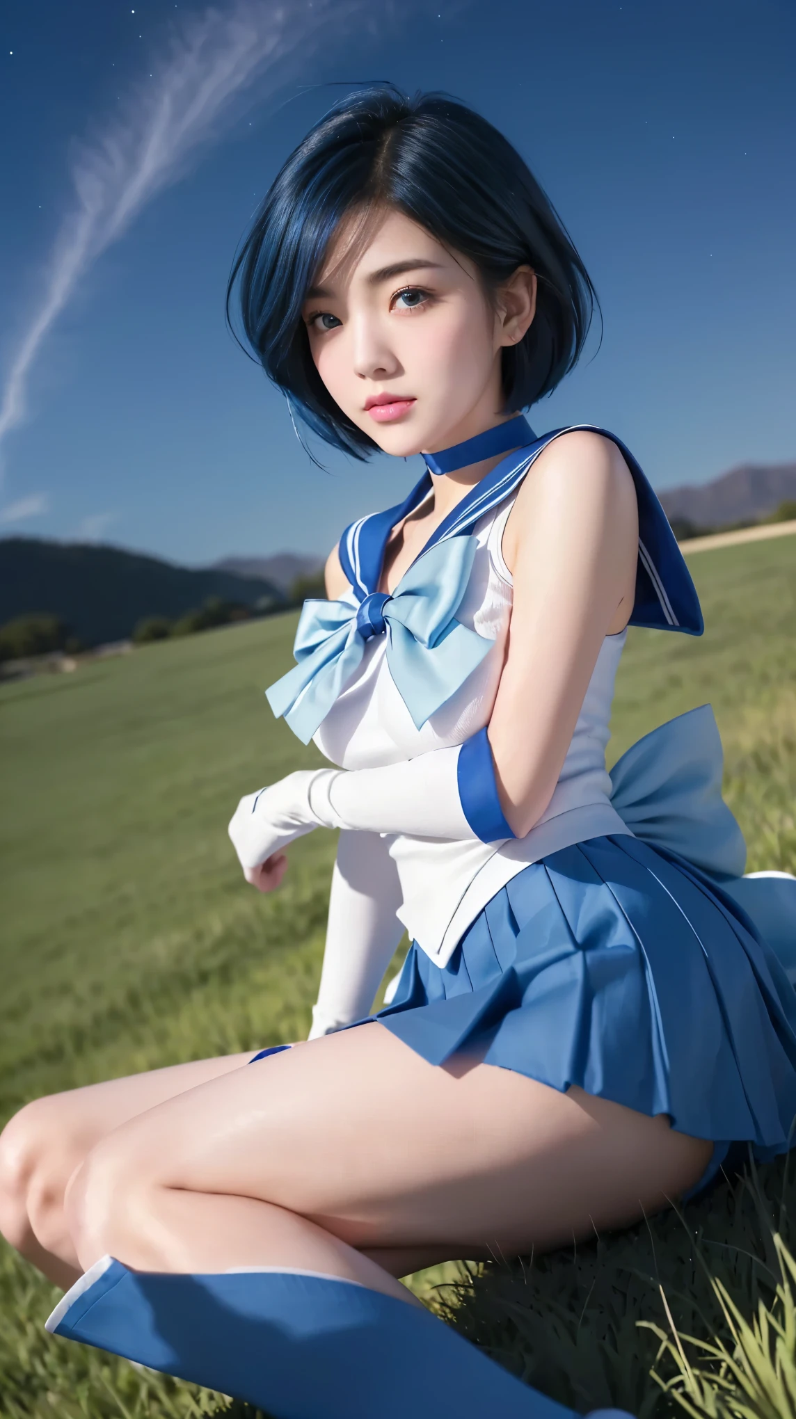 A highly detailed and realistic depiction of a Japanese girl with classic blue hair styled in a super short cut. Big chest, big breasts, chubby body, beautiful round eyes, weight 55kg. She is wearing a classic blue mini skirt, a sailor-style collar in matching blue, and a large light blue bow tie at her chest. Her features include large, bright blue eyes, thin glossy pink lips, a faint smile, and noticeable dimples. She has a slightly athletic yet feminine build with a prominent chest. The setting is an outdoor grassy field under a starry sky, and her expression is calm yet engaging, with the atmosphere blending a sense of serenity and mystery.
