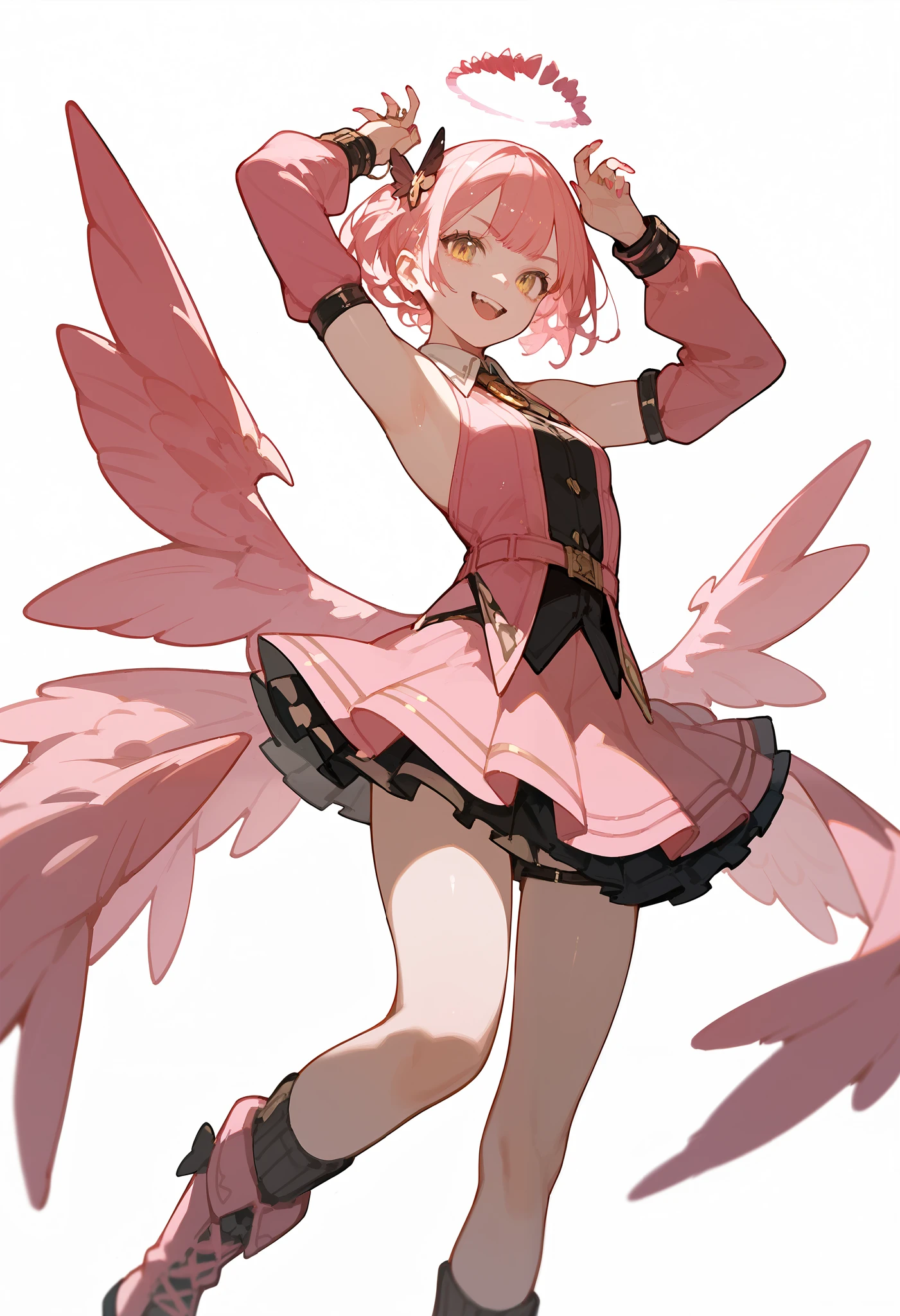 girl, yellow , pink wings , white background, dynamic pose