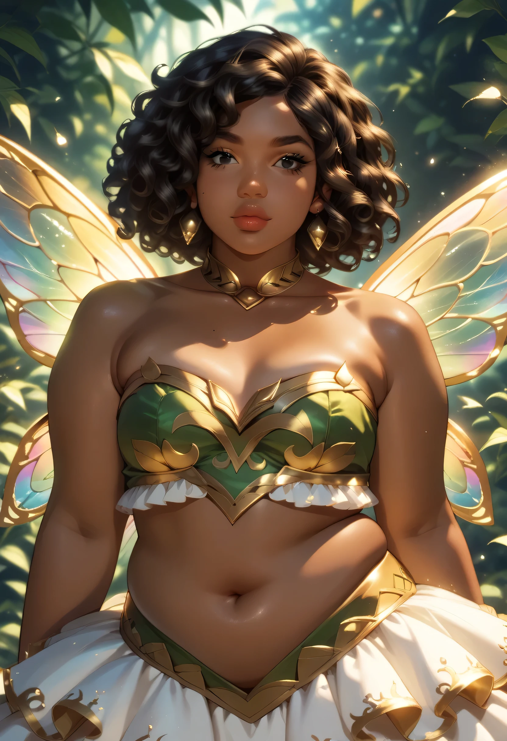 Anime illustration, semi-realistic, brown skin chubby woman with fairy wings, dark skin, dark brown skin, fae, fairy queen, ((plus size body)), ((chubby body)), overweight body, small chest, small , black eyes, black curly hair, black wavy hair, big lips, anime, sleek design, brown skin, sideswept hairstyle, round face, wearing detailed white fairy dress with gold accents, beautiful fairy outfit, big colorful fairy wings, magical forest in background, dynamic light, facing viewer, ,score_9, score_8_up, score_7_up, score_6_up, 1girl, black hair,