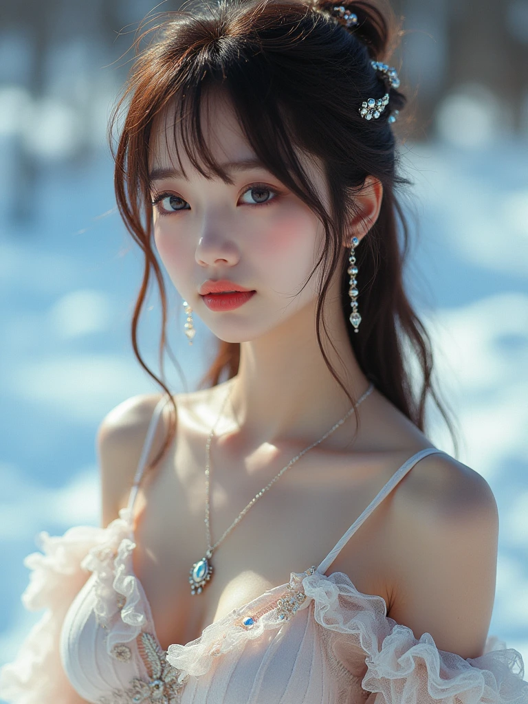 a beautiful young korean girl, heavy snowfall, (above-knee length multi layered Red colour Lace mini dress), beautiful soft thighs, (Slender), long flowing hair, porcelain skin, medium expressive eyes, delicate facial features, elegant pose, snowflakes falling all around, snowy winter landscape, ethereal and magical atmosphere, (best quality,4k,8k,highres,masterpiece:1.2),ultra-detailed,(realistic,photorealistic,photo-realistic:1.37),detailed facial features,intricate details in dress and hair,dramatic lighting,moody blue and white color tones,cinematic composition, beautiful face, realistic face, realistic skin, realistic smile, realistic atmosphere, every thing is realistic, cutest smile, realistic body, realistic body language, cute face, stylish look, bright skin , close up pine tree leaps covered heavy snow fall, (upper Body shot:1.6), Cute, Sweet, Award winning Photography, Lay down on Snowfall, Detailed background, Detailed dress, High resolution, High contrast, Vivid Colours, small snow covered road,