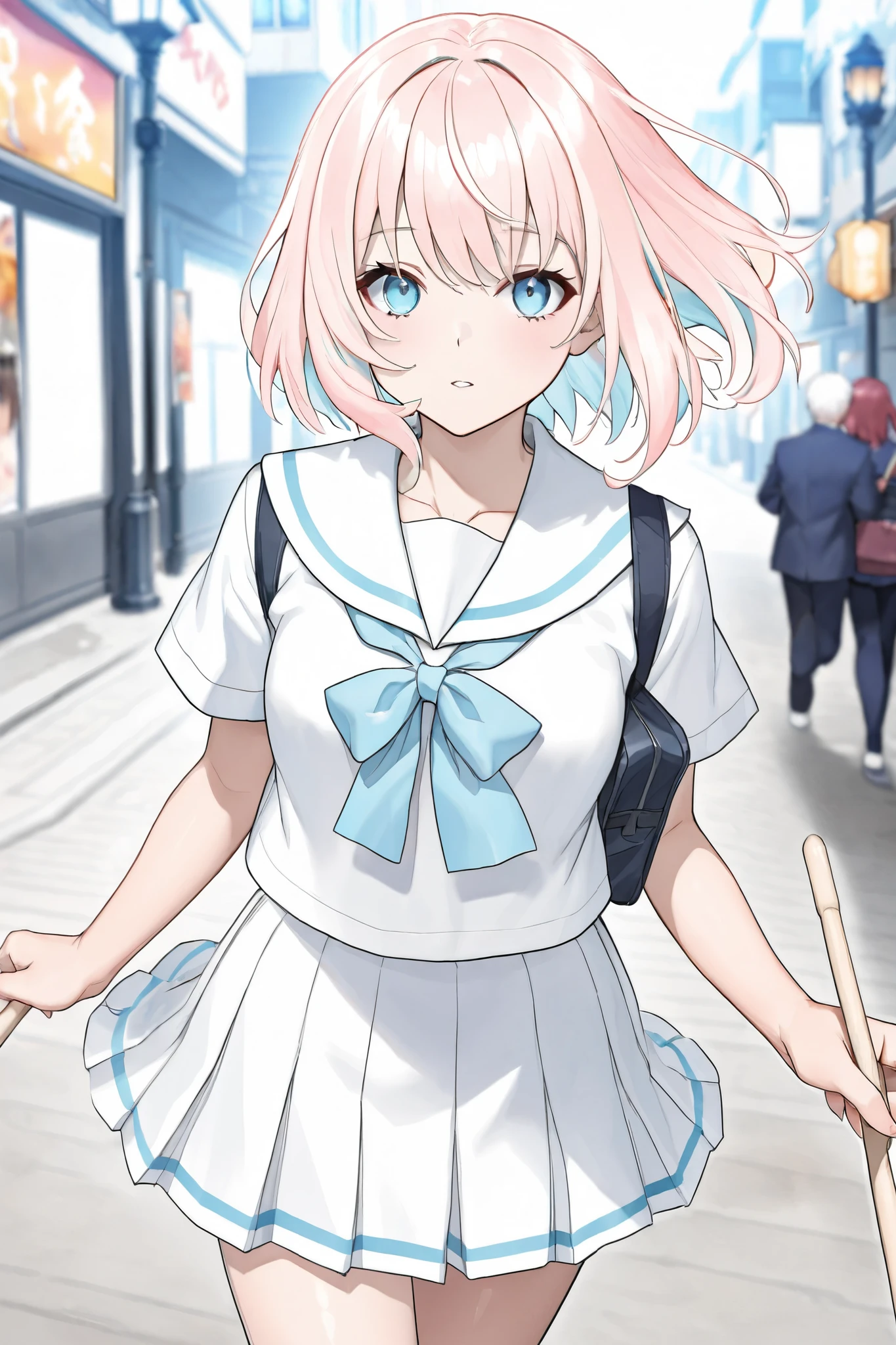 Wearing a schoolbag with drumsticks in it .  Wearing a Japanese school uniform looking back on the streets of a city with sunset-colored skies with street lights in Japan. A girl with long, warm, rose-colored hair and transparent blue eyes