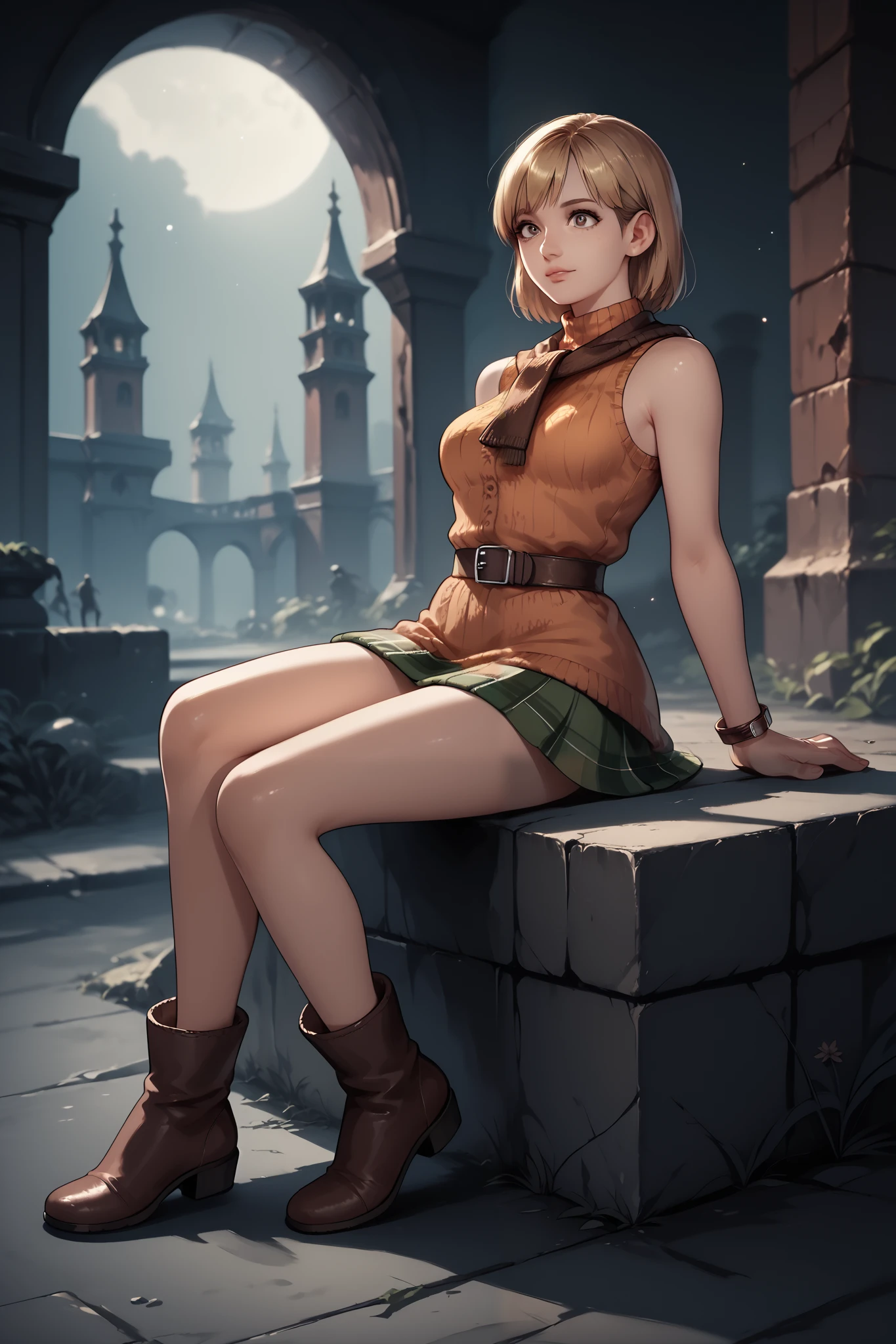 Anime concept art, dark fantasy, Ashley graham, Ashley Graham from resident evil 4, cute, Ashley's sexy outfit, thin waist, medium breasts, sleeveless, lovely pose, sitting position, chilling, dark fantasy background, resident evil background, zombie assets, full body view, fullbody overview, resident evil 4 concept art