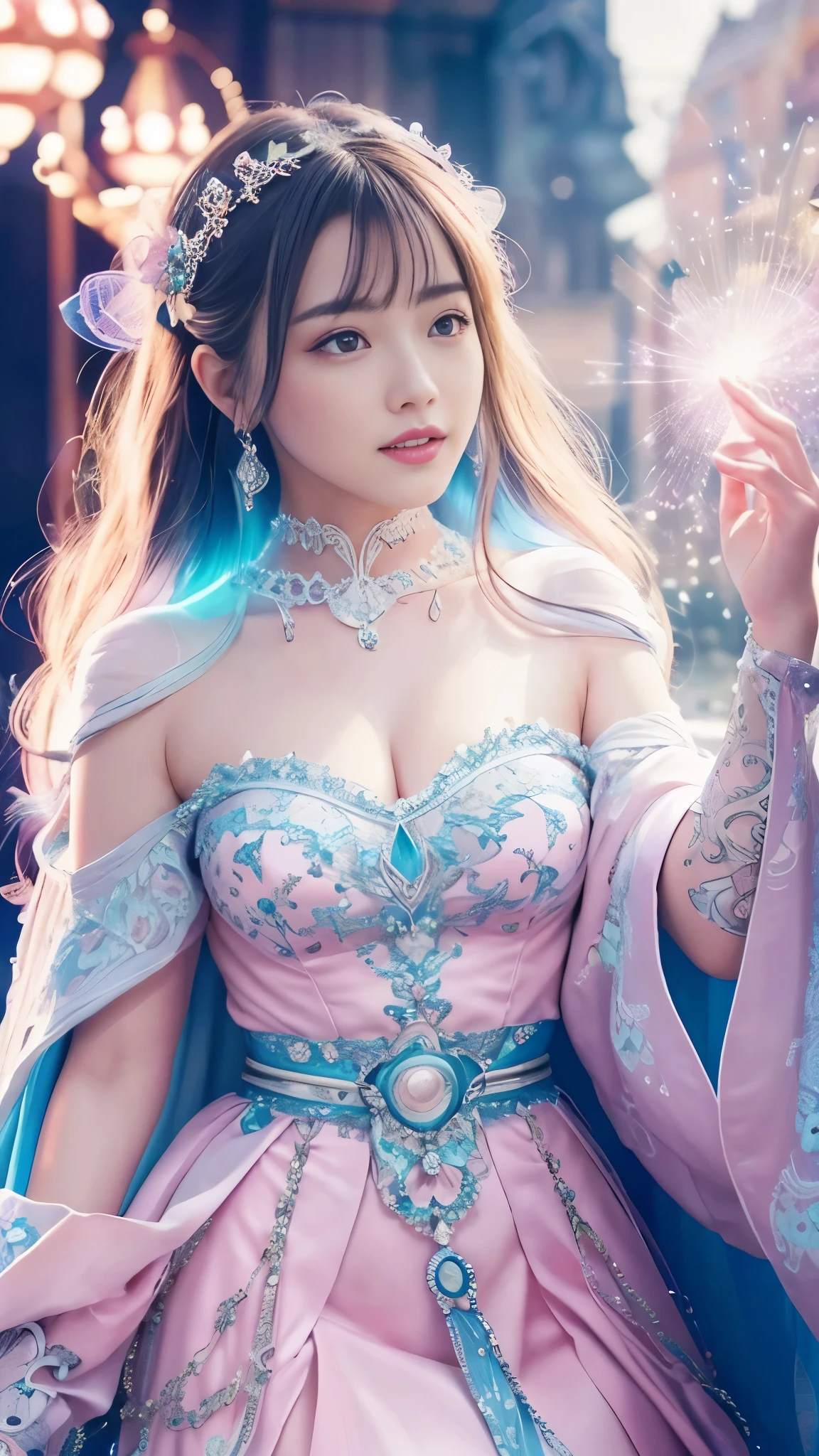 pink gypsy queen, masterpiece,  best quality ,  ultra quality ,  absurd details ,   Extremely Detailed ,  high resolution,16k, 超 high resolution,  particle effect , Beautiful Effects,  bright color, Neon Lights,、超A high resolution 、 octane rendering、( super realistic details )、 portrait 、 Ultra Realistic Textured Face and Skin、( perfect anatomy)、 CGSoation Trends 、 Dark Fantasy 、Knee、 Intricate Detailed Backgrounds、 photorealistic:1.4、 beautiful symmetrical face 、 very delicate and detailed、Upper teeth、Lips that are too thick:1.8、Cape、flat chest:1.8、Too thin waist:1.3、Mesh fabric、with bore、