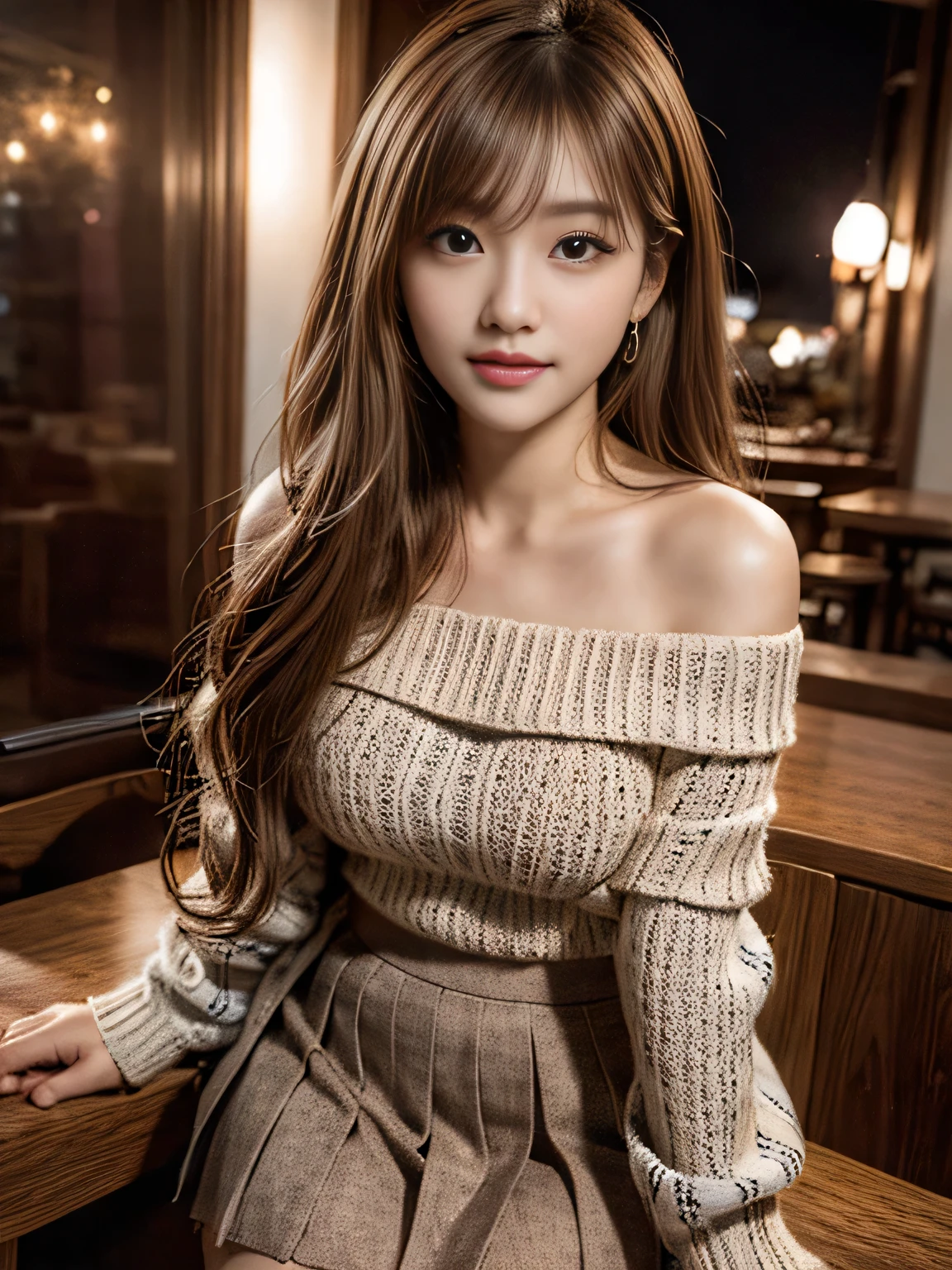 best quality, ultra-detailed, intricately detailed hyperdetailed, realistic, sharp features, highly detailed, sharp focus, masterpiece, Realistic, Photorealistic:1.3, perfect face, perfect symmetrically eyes, perfect full lips, hyper detailed, hyper realistic, high resolution, Korean idol, Sexy, Sweet, fascinate, Beautiful Face, (Long Sleeve off-shoulder solid knit:1.2), ((pleated mini skirt)), light brown hair, Beautiful hairstyle, (Slightly open mouth), (naughty smile), cowboy shot, City lights at night,
