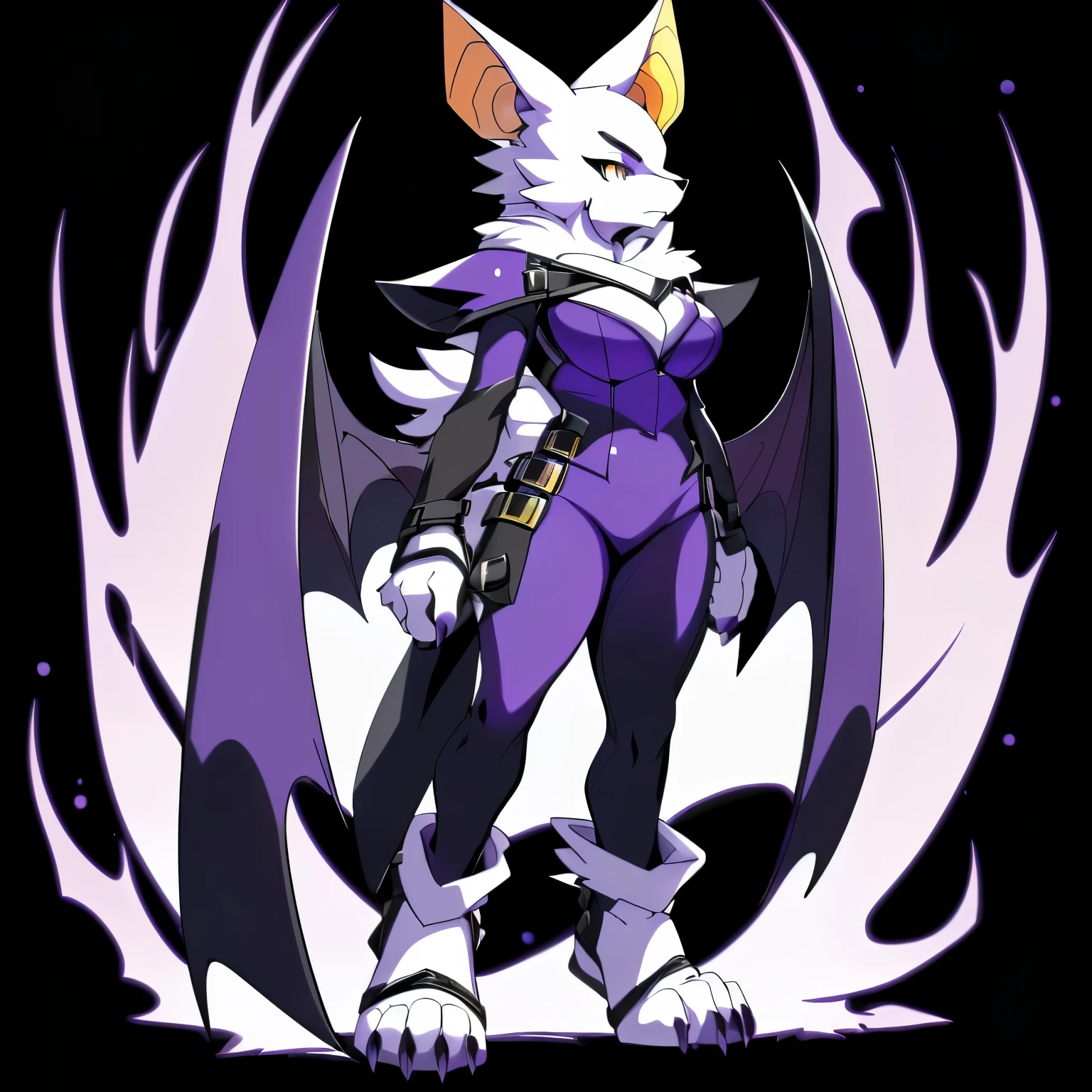 Anime, anime style, ((single person:2)), ((solo drawing:2)), ((solo:2)), ((three-quarter view)), ((Looking to the side)), ((sfw version)), ((female Anthro bat)), ((Tall figure)), ((buxom figure)), ((short white fur)), clawed hands, ((clawed paws)), ((Single Pair of Wings)), ((Huge Bat Wings)), ((Purple and black Bat Wings:1.3)), ((white bat ears)), ((wearing a black and purple outfit)), ((white face)), ((neutral expression)), vivid golden eyes, ((digitigrade legs)), ((digitigrade feet)), ((solid black background)), highly detailed anime style, clean lines, white face, short white muzzle, white furry cheeks, white furry muzzle, ((white foot paws)), ((foot paws with four toes)), ((Claws on paws))