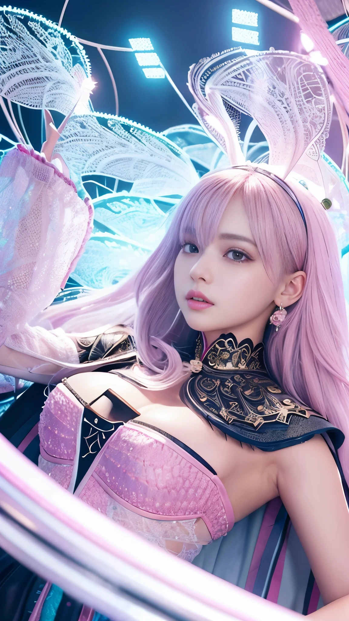 pink gypsies, masterpiece,  best quality ,  ultra quality ,  absurd details ,   Extremely Detailed ,  high resolution,16k, 超 high resolution,  particle effect , Beautiful Effects,  bright color, Neon Lights,、超A high resolution 、 octane rendering、( super realistic details )、 portrait 、 Ultra Realistic Textured Face and Skin、( perfect anatomy)、 CGSoation Trends 、 Dark Fantasy 、Knee、 Intricate Detailed Backgrounds、 photorealistic:1.4、 beautiful symmetrical face 、 very delicate and detailed、Upper teeth、Lips that are too thick:1.8、Cape、flat chest:1.8、Too thin waist:1.3、Mesh fabric、with bore、