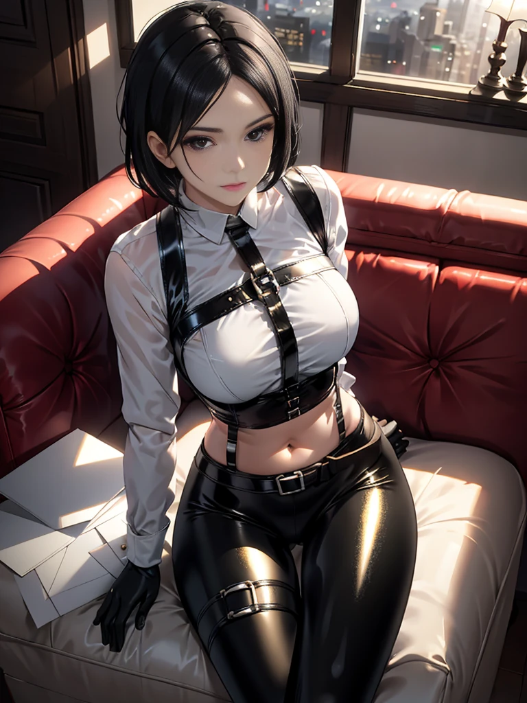 1 woman, YOUNG, Being in a hotel,(Lying on her back in bed:1.4),(Open your legs:1.4),(legs are raised :1.5),(top down view),
(((Masterpiece))), ((The best quality)), ((intricate details)), ((ultra-realistic realism)), 4k resolution, Transparent, Very detailed, lightning, 1 girl, ((big breasts)), (pink areola),perfect hand, detailed finger, Beautiful detailed eyes,wavy curly black hair, with brown eyes, (White crop top),(Breasts come out of clothes.), choker:1.6, white long sleeve button up shirt, shiny black leggings, leggings covering legs, black elbow length gloves, Bedrooms, Perfect eyes, seductive eye,raised buttocks,flushed face,(beautiful:1.2),seductive eyes