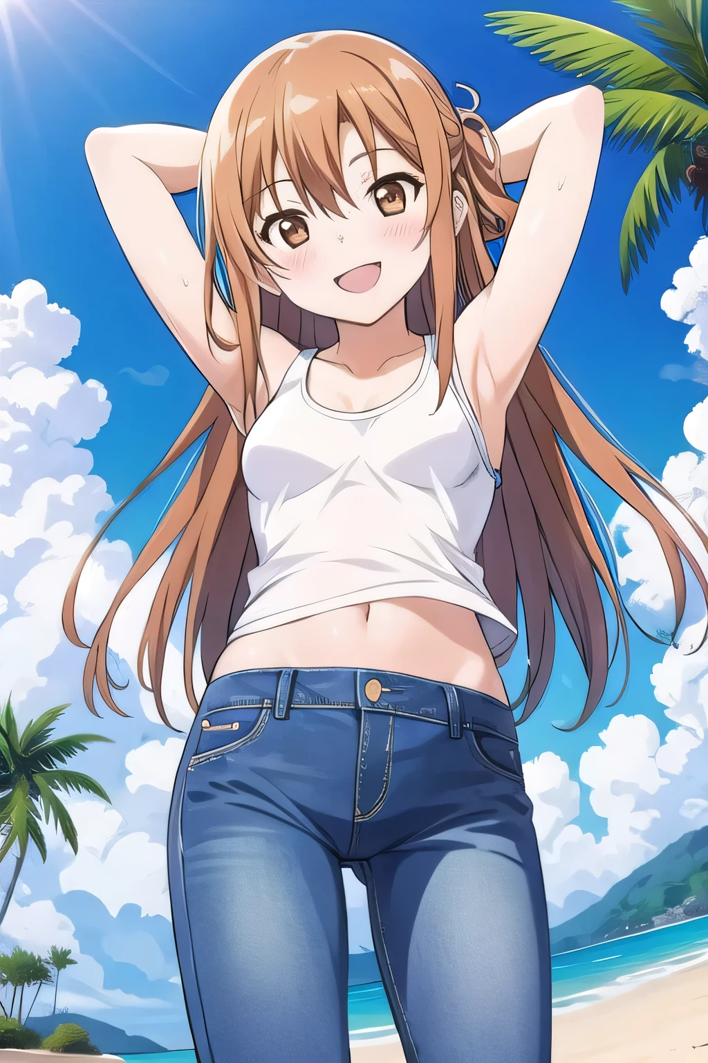 masterpiece,best quality,ultra detail, ((Perfect Face, Perfect Arms, Perfect hands, Perfect Fingers)), 1girl, , peti ((round face, ecstasy, orgasm face, drooping eyes, shame smiling, blush)), dropping eyes, sleepy, background((under the beach, (day:1.2), palm tree, bright sky)), asuna yuuki, long hair, brown hair, (brown eyes:1.8), ((arms behind head, hands behind head, fingers behind head)), contrapposto, spread armpits, looking at viewer,, (white tank top:1.2), (white crop top:1.2), (jeans pants:1.2, flares jeans:1.2, skinny jeans:1.2, blue jeans:1.2), standing, (legs spread:1.2), sex pose, Sweaty crotch, Steam from the crotch, from below, full medium body