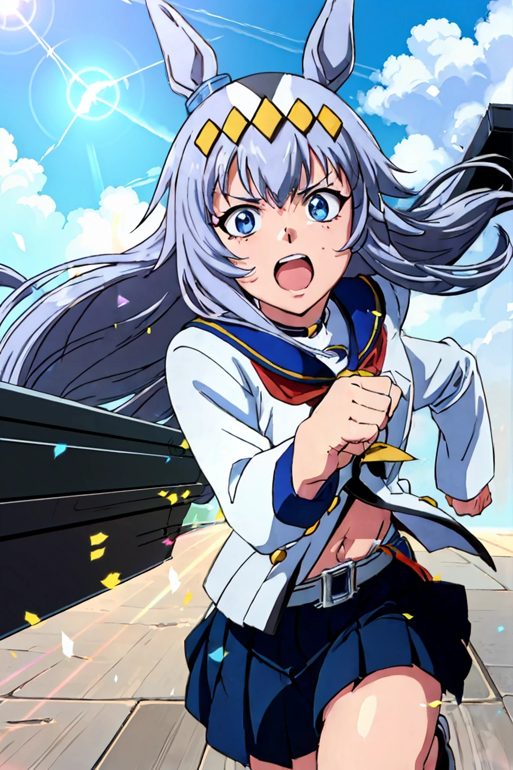 (masterpiece,highest quality,Super detailed,8k,High resolution,an extremely delicate and beautiful,Official Art,Perfect Anatomy:1.5),((1990s \(style\),90s Anime,90s Anime style,retro artstyle,Cel-shaded anime,anime screencap,anime coloring:1.25)),(1boy :1.5), (yuuki nobuteru:1.7), (scale to fit the dimensions:1.2), (( \( Uma Musume\):1.52)), blue skirt, Long Sleeve, belt, pleated skirt, black pantyhose, red neckerchief, midriff, belly button, white shirt, jacket, blue sailor collar ,
(shining eyes),blends well with the eye,blends well with the eye,focus of the eye,(Carefully crafted brilliance, sky blue lens flare:1.7),(expression of joy:1.51),octane rendering,rainbow paint drop,Woman made of paint,Full Paint,(movie background),splat,splash,dark and blurry background,close,(best writing, very delicate and beautiful),Detailed beautiful shine,(soft light:1.2),(soft money tone lighting),Warm and soft lighting,dramatic light,((cinematic light)),ambient occlusion,ambient light,violently,powerful,Absolutely eye-catching splashes of color,((caustic)),raytraced reflections,light shines,(running:1.1), Depth of the bounds written, outdoor, (running),beautiful face, intense lighting),born, dramatic light,violence everywhere,(expression of joy:1.4), (Raging Eyes:1.2), ),spell magic, magic circle, ((Magic in your hands)),(using the magic of light:1.14),imaginative overlays, artistic fusion,fantastic scene, exciting story, impressive visuals, ((motion trajectory effect)), spiky hair,, superhero, run at lightning speed, leave traces of movement, MotionTrail, Speed Effect, Drive through the steppes, Speed Trace, Super Speed Power