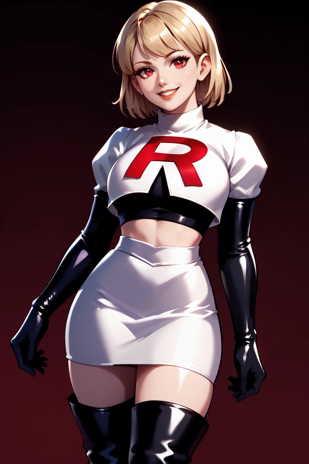 Ashley Graham ,glossy lips, light makeup ,team rocket,team rocket uniform, red letter R, white skirt,thin waist, white crop top,black thigh-high boots, black elbow gloves, evil smile