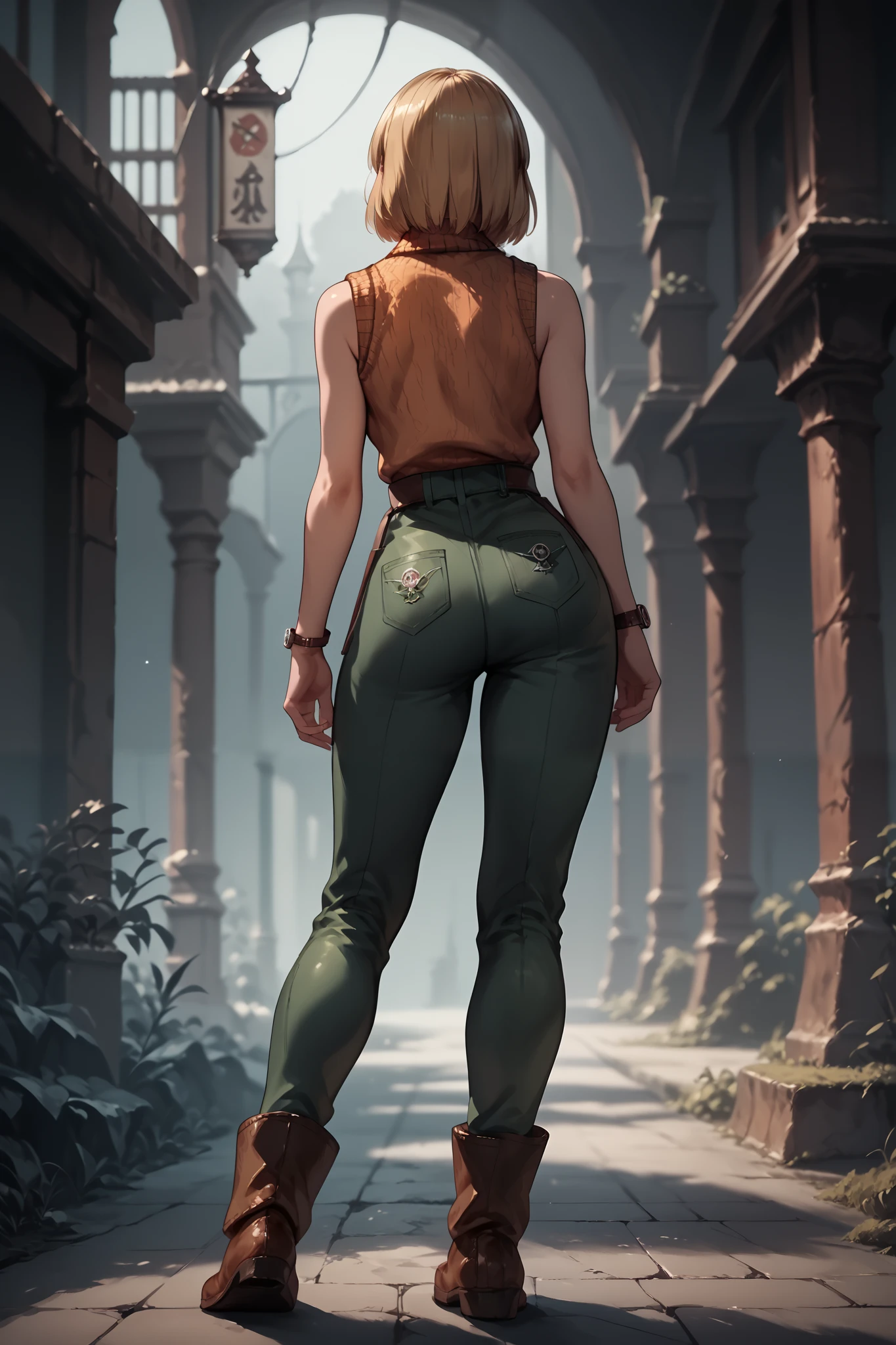Anime concept art, dark fantasy, Ashley graham, Ashley Graham from resident evil 4, cute, Ashley's sexy outfit, thin waist, medium breasts, sleeveless, lovely pose, back view, full body view, fullbody overview, resident evil 4 concept art