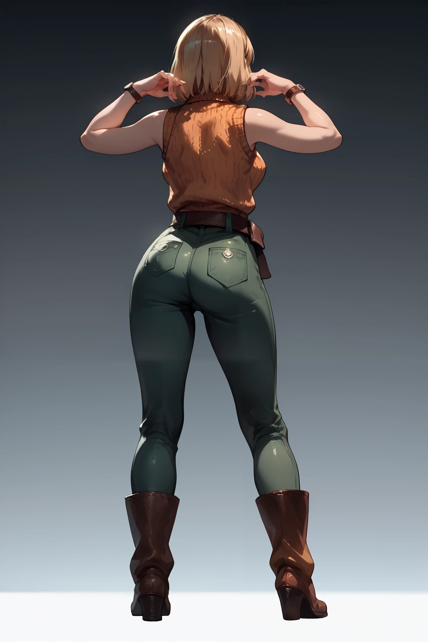 Anime concept art, dark fantasy, Ashley graham, Ashley Graham from resident evil 4, cute, Ashley's sexy outfit,  thin waist, medium breasts, sleeveless, lovely pose, back view, full body view, fullbody overview, resident evil 4 concept art