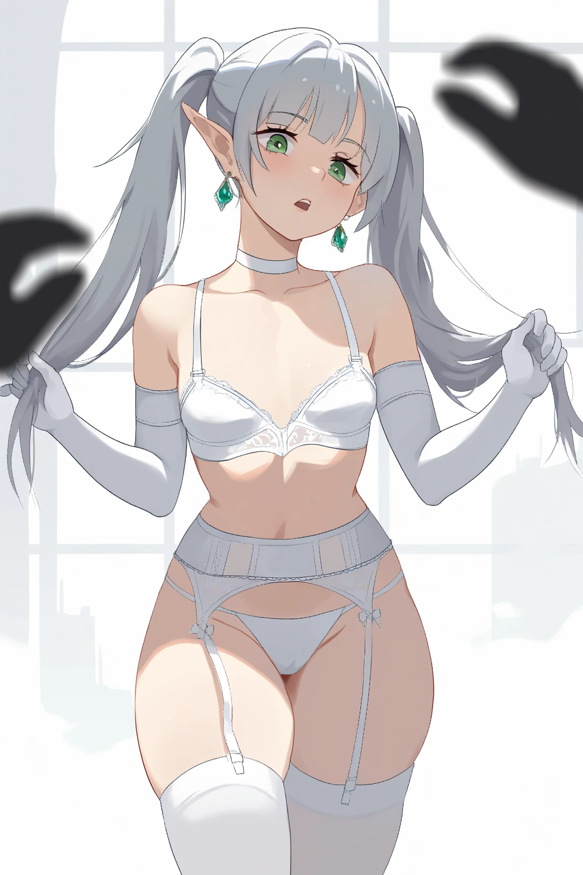 platinum hair,,long hair,purple eyes,pointy ears,elf,tall,((naked)),bondage,tied up,bound,tied wrist,tied legs,,arms behinf back,(((cry,tears,pain))),blush,wet,sweat,rope,collar,leash,on the bed,eager pet pose
