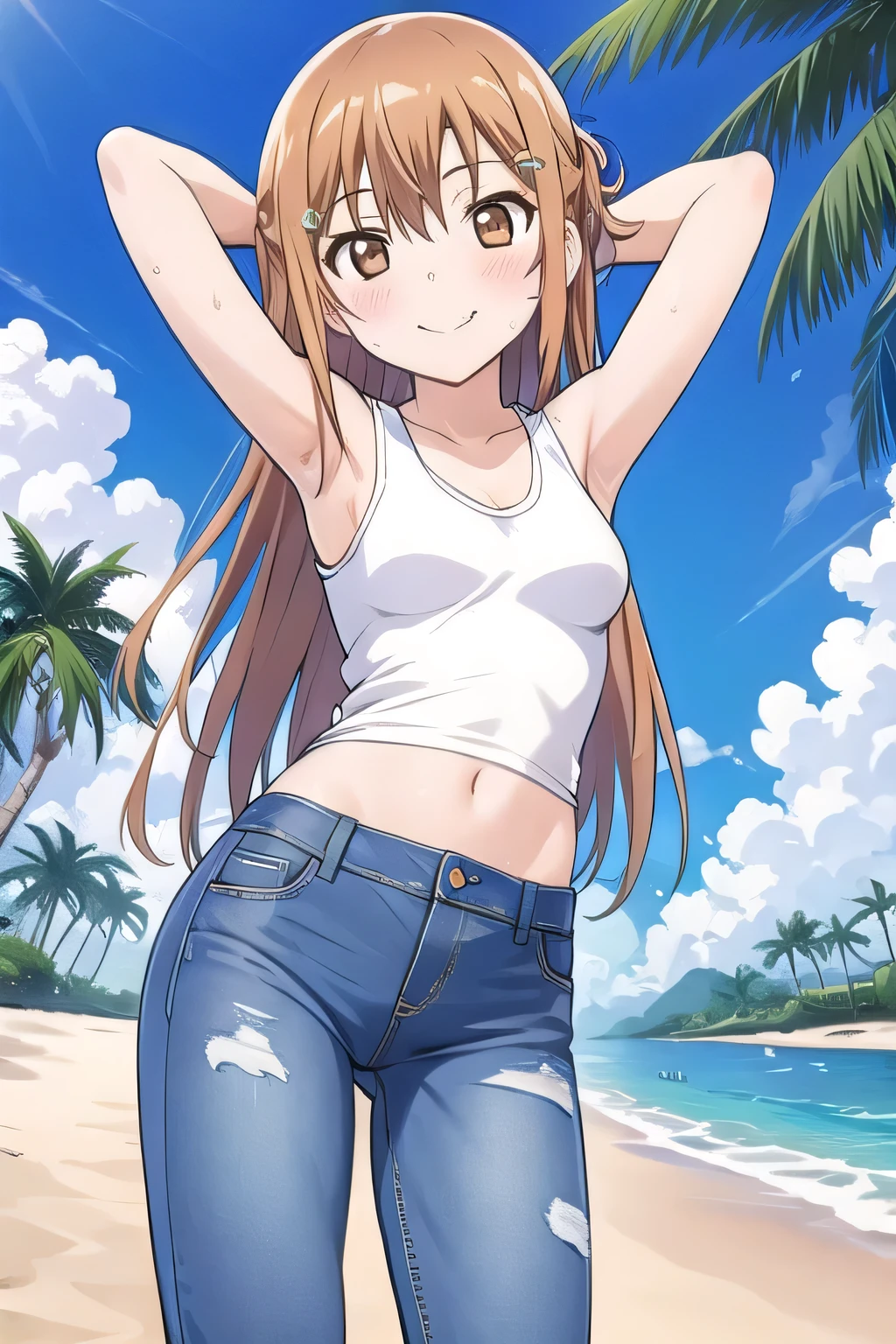 masterpiece,best quality,ultra detail, ((Perfect Face, Perfect Arms, Perfect hands, Perfect Fingers)), 1girl, , peti ((round face, ecstasy, orgasm face, drooping eyes, shame smiling, blush)), dropping eyes, sleepy, background((under the beach, (day:1.2), palm tree, bright sky)), asuna yuuki, long hair, brown hair, (brown eyes:1.8), ((arms behind head, hands behind head, fingers behind head)), contrapposto, spread armpits, looking at viewer,, (white tank top:1.2), (white crop top:1.2), (jeans pants:1.2, flares jeans:1.2, skinny jeans:1.2, blue jeans:1.2), standing, (legs spread:1.2), sex pose, Sweaty crotch, Steam from the crotch, from below, (medium body:1.7)