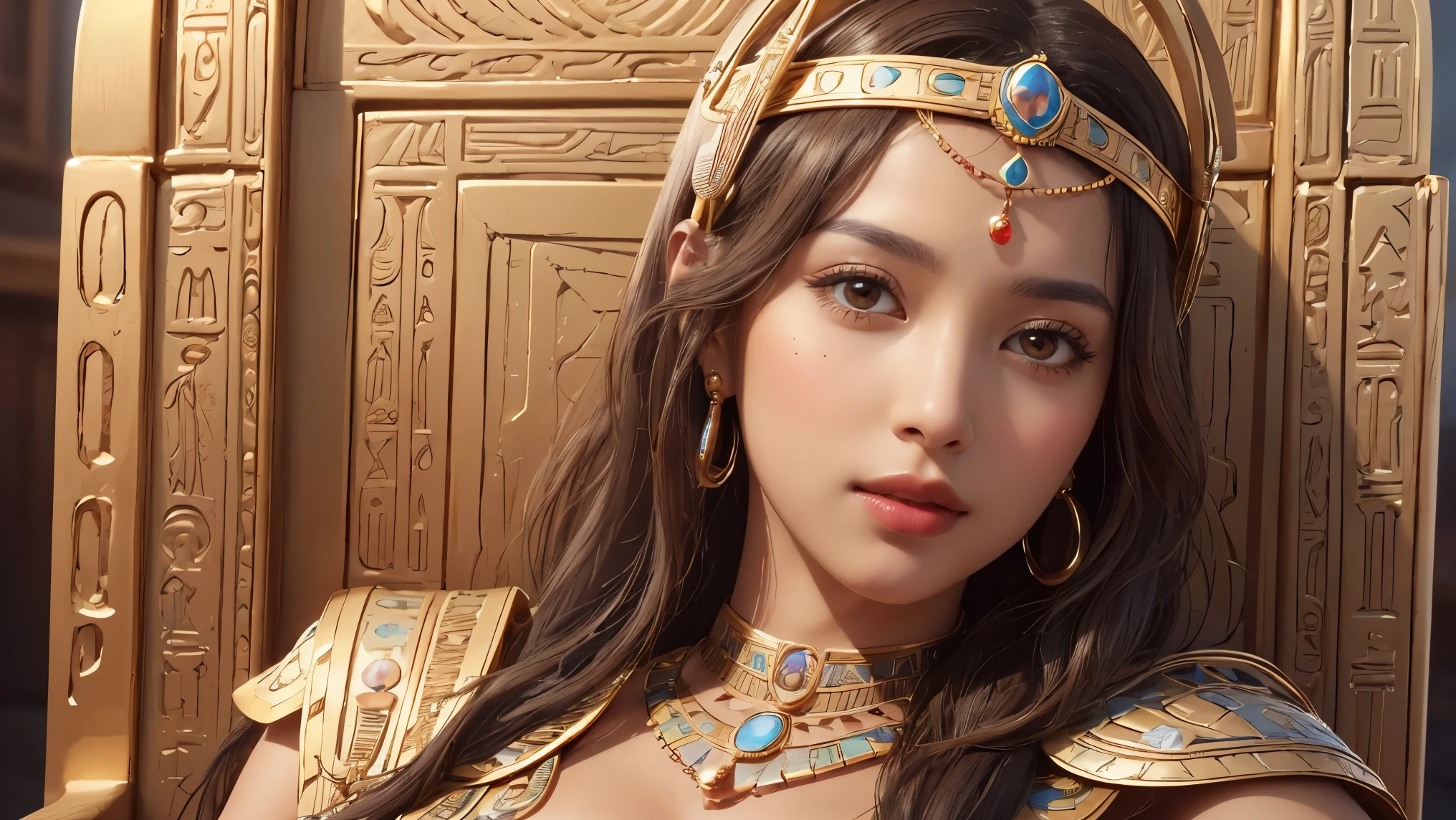 ((best quality)), ((masterpiece)), (detailed face and eyes), perfect face, accurate, textured skin, high details, highres, Cleopatra, queen of ancient Egypt, in silk dress, jewelled crown, lipstick, cowboy shot, Tanned skin, brown skin, throne, whole body