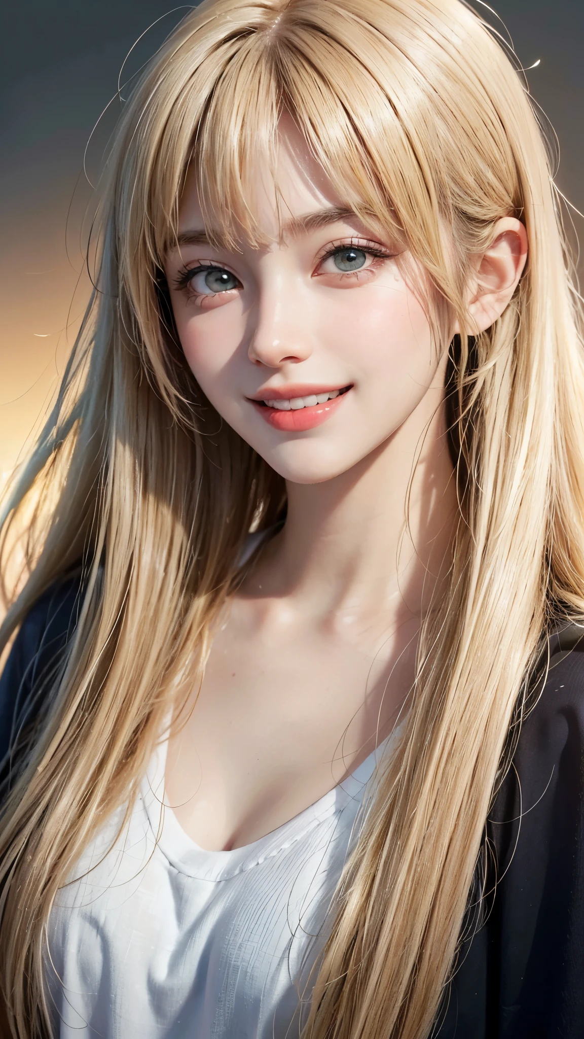 (UHD, retina, masterpiece, accurate, anatomically correct, textured skin, super detail, high details, high quality, best quality, high res, 1080P, HD, 4K, 8k, 16k), (beautiful detailed eyes, beautiful detailed lips, extremely detailed eyes and face), studio lighting, physically-based rendering, vivid colors, (large breasts, glamorous body), (red military jacket:1.5), (black tank top), (portrait, blonde hair, shiny hair, shiny skin, blush), (bokeh), eye reflection, (smile and laugh:1.5),